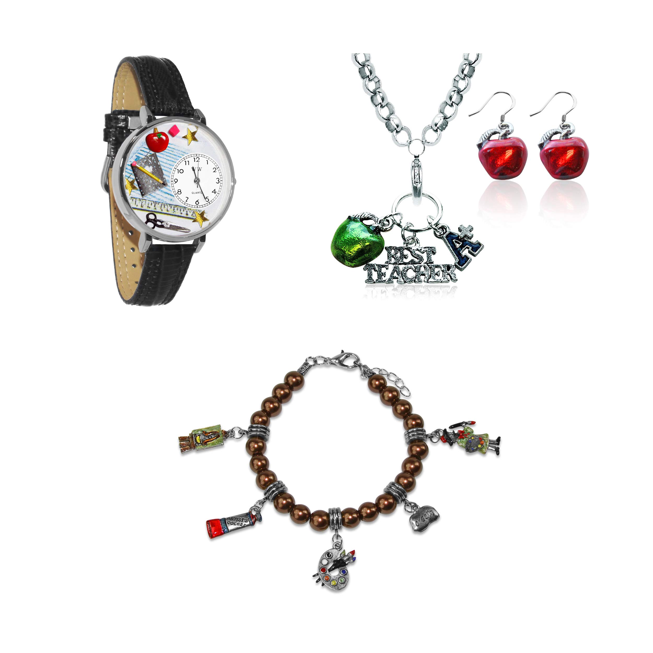 Whimsical Teacher Watch & Jewelry Set (4-Piece Silver) - Perfect Gift for Educators, Appreciation Day, Retirement & Special Occasions