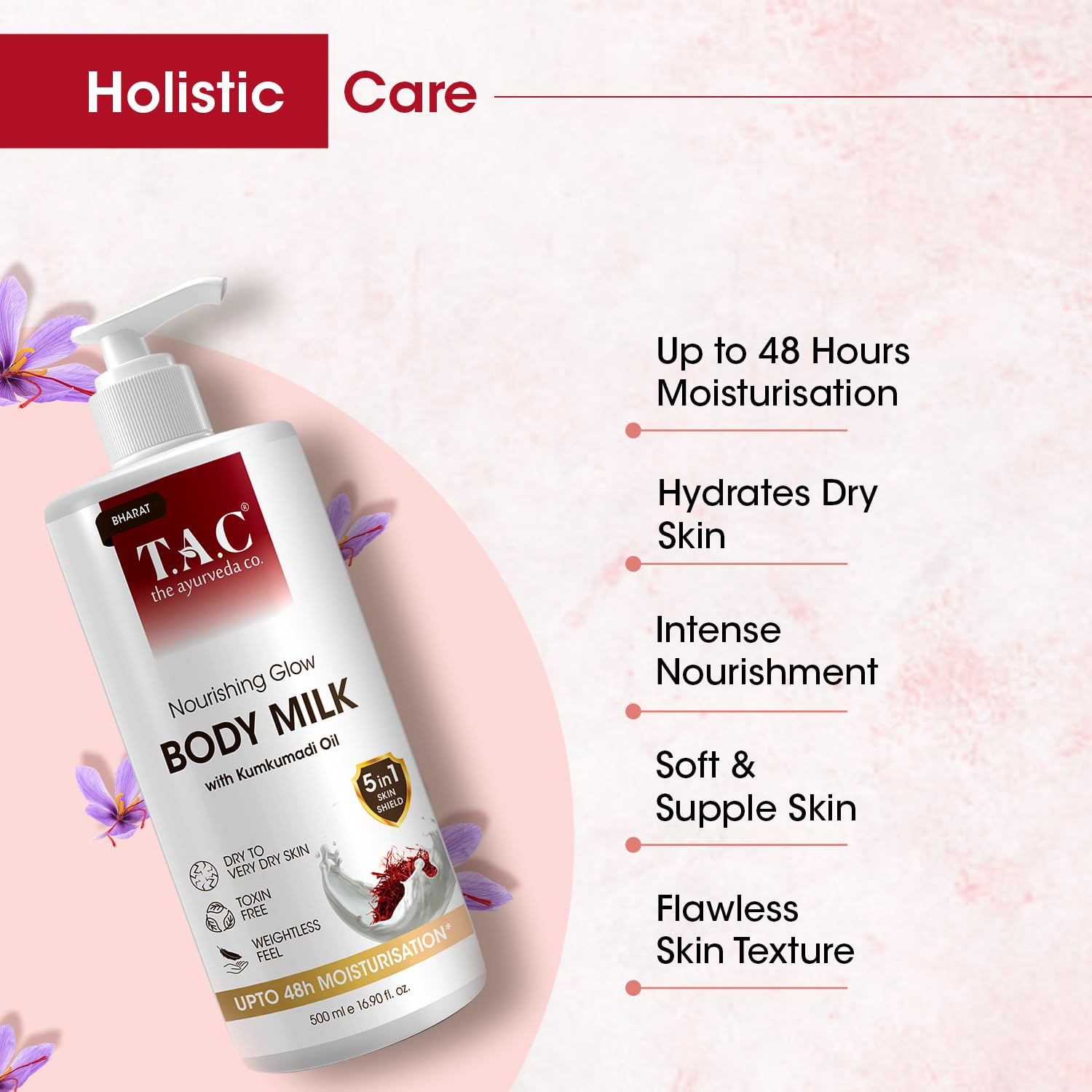 TAC Nourishing Glow Body Milk with Kumkumadi Oil - Ayurvedic Moisturizer for Dry Skin | Hydrating & Brightening Body Lotion for Daily Skincare Routine