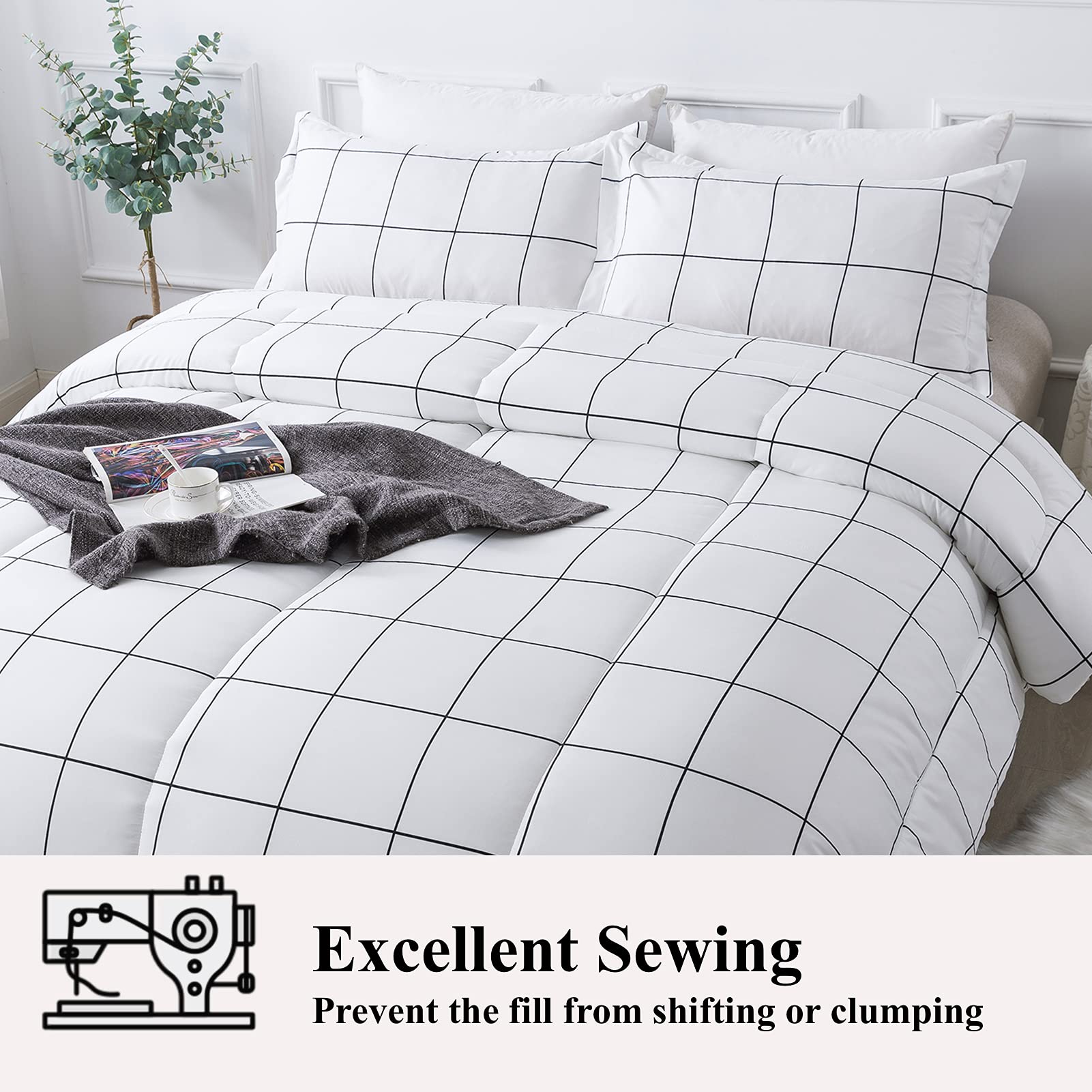 Andency White Grid Comforter Set Twin Size (66x90 Inch) - 2 Piece Lightweight Microfiber Bedding Set with Plaid Design & Pillowcase | Perfect for Dorm Rooms, Guest Beds & Cozy Bedroom Decor