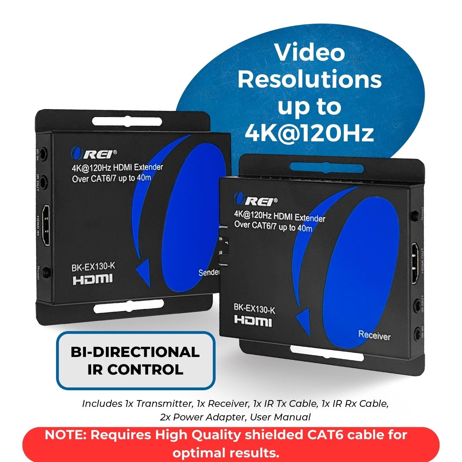 OREI 4K@120Hz HDMI Over Ethernet Extender Balun - Ultra HD 4:4:4 HDR Transmission via Single CAT6/7 Cable (130ft Range) with Bi-Directional IR Control & Audio L/R Output - Perfect for Home Theater, Gaming Setup, and Professional AV Installations (Model BK-EX130-K)