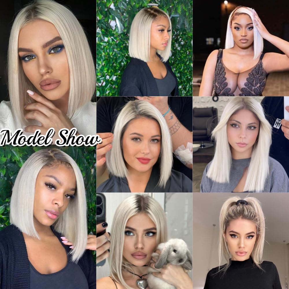 14 Inch Platinum Blonde Lace Front Human Hair Wig - Balayage Ombre Ash Blonde Bob with Dark Roots, Transparent HD Lace Frontal, Pre-Plucked Natural Hairline & Baby Hair (150% Density) | Perfect for Daily Wear, Cosplay, Parties & Special Occasions