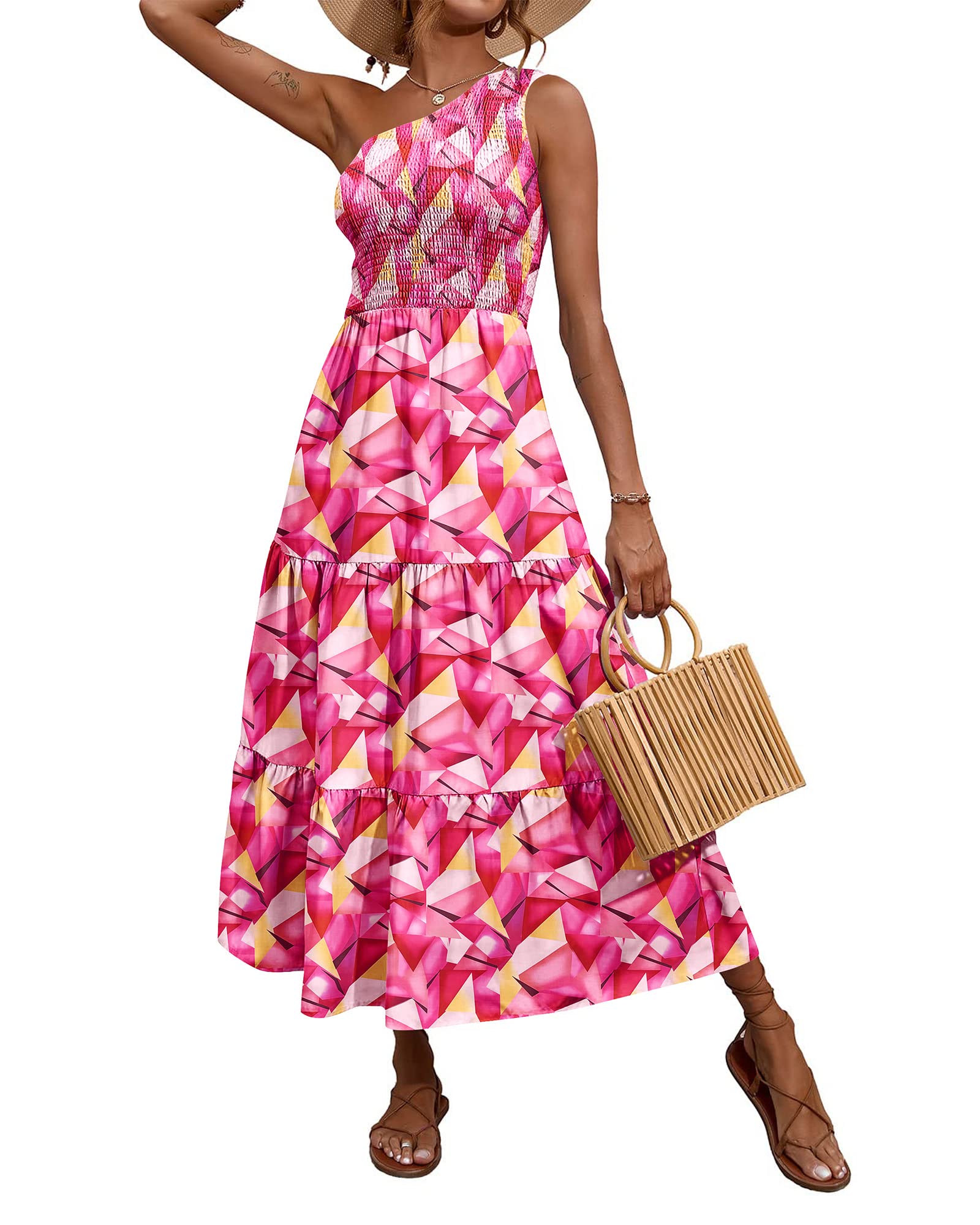 BTFBM Women's 2025 Summer One Shoulder Floral Maxi Dress - Casual Sleeveless High Waist Boho Beach Dress with Smocked Detail | Perfect for Vacations, Weddings & Summer Parties