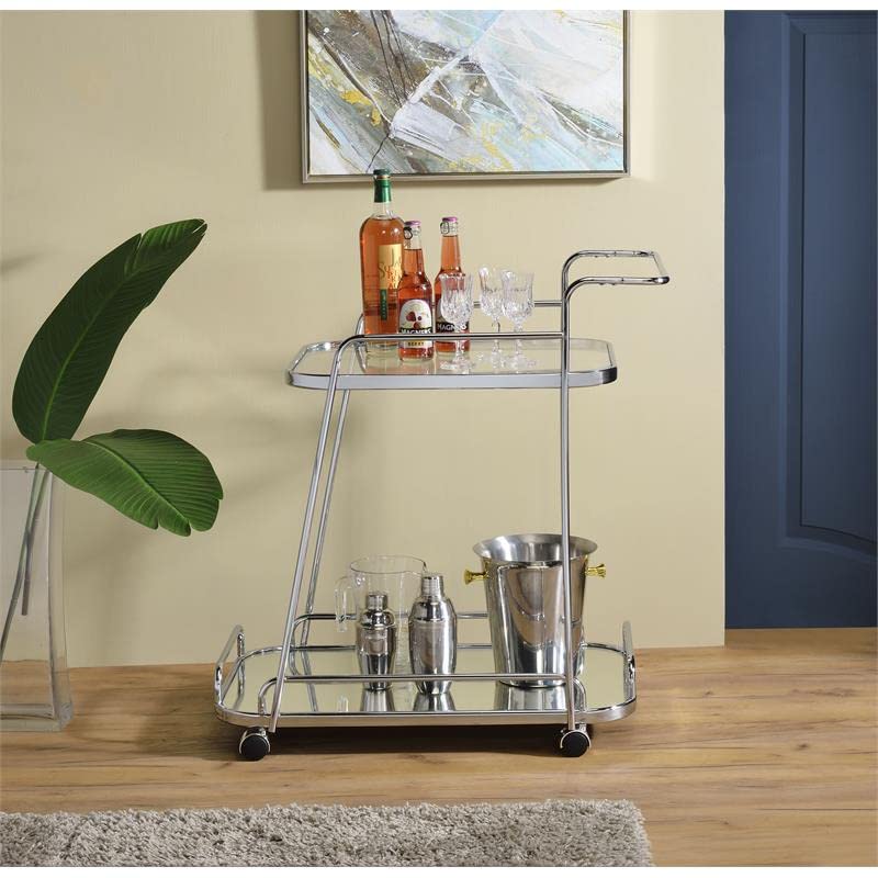 Acme Aegis 2-Tier Clear Glass & Chrome Serving Cart with Wheels - Perfect for Kitchen, Dining Room, or Bar Use