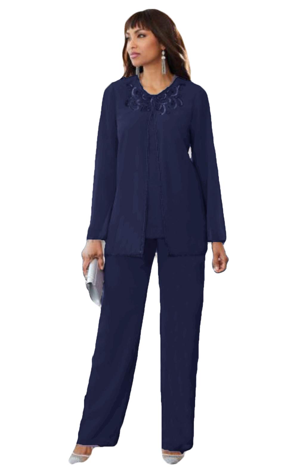 Xixi House 2021 Chiffon 3-Piece Beaded Mother of the Bride Pant Suit Set with Long Sleeve Jacket - Elegant Wedding Guest Outfit for Formal Occasions & Special Events
