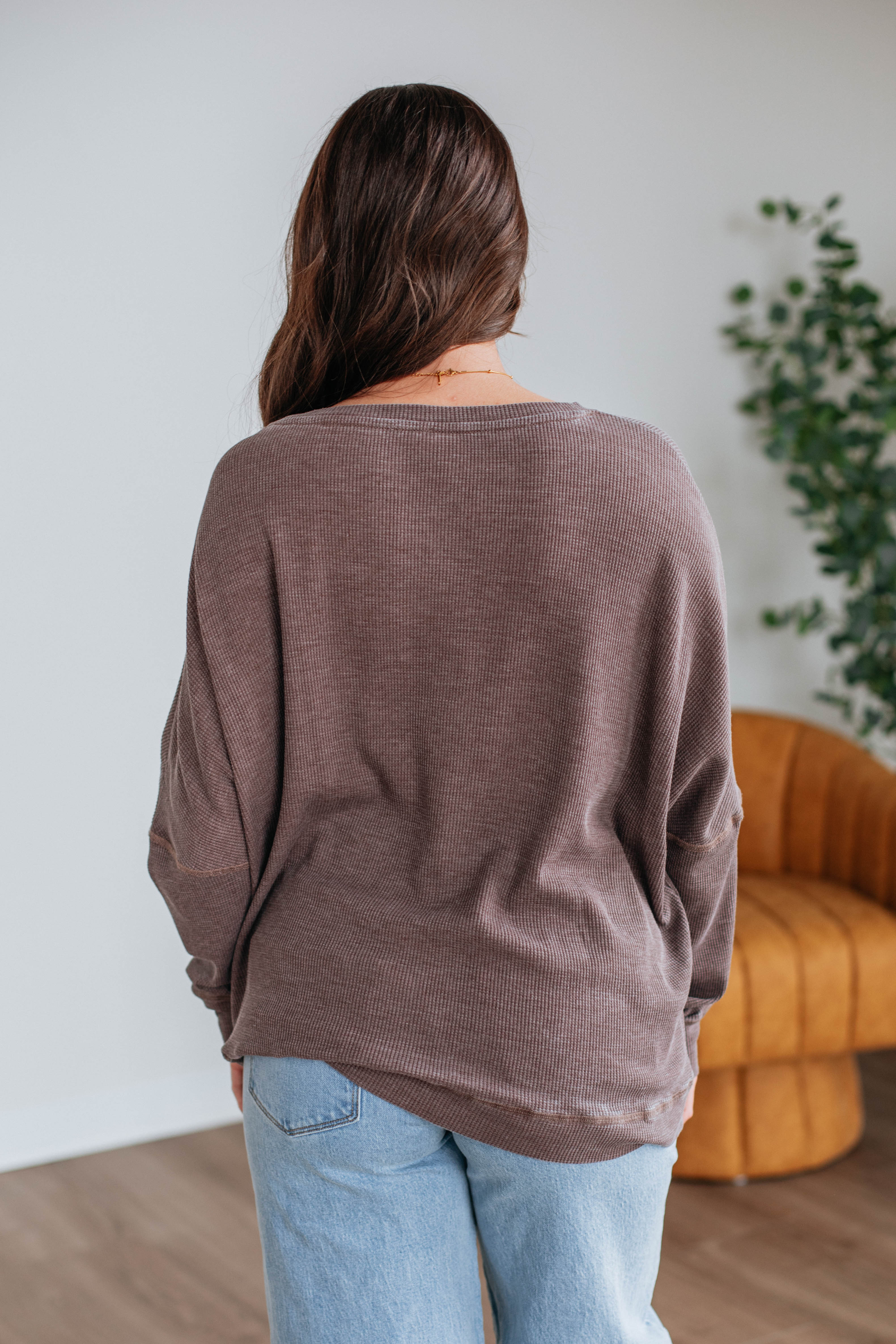 Breathable Waffle Knit Top for Women - Soft Chocolate Brown Long Sleeve Shirt | Perfect for Fall Layering, Casual Outfits & Coffee Dates