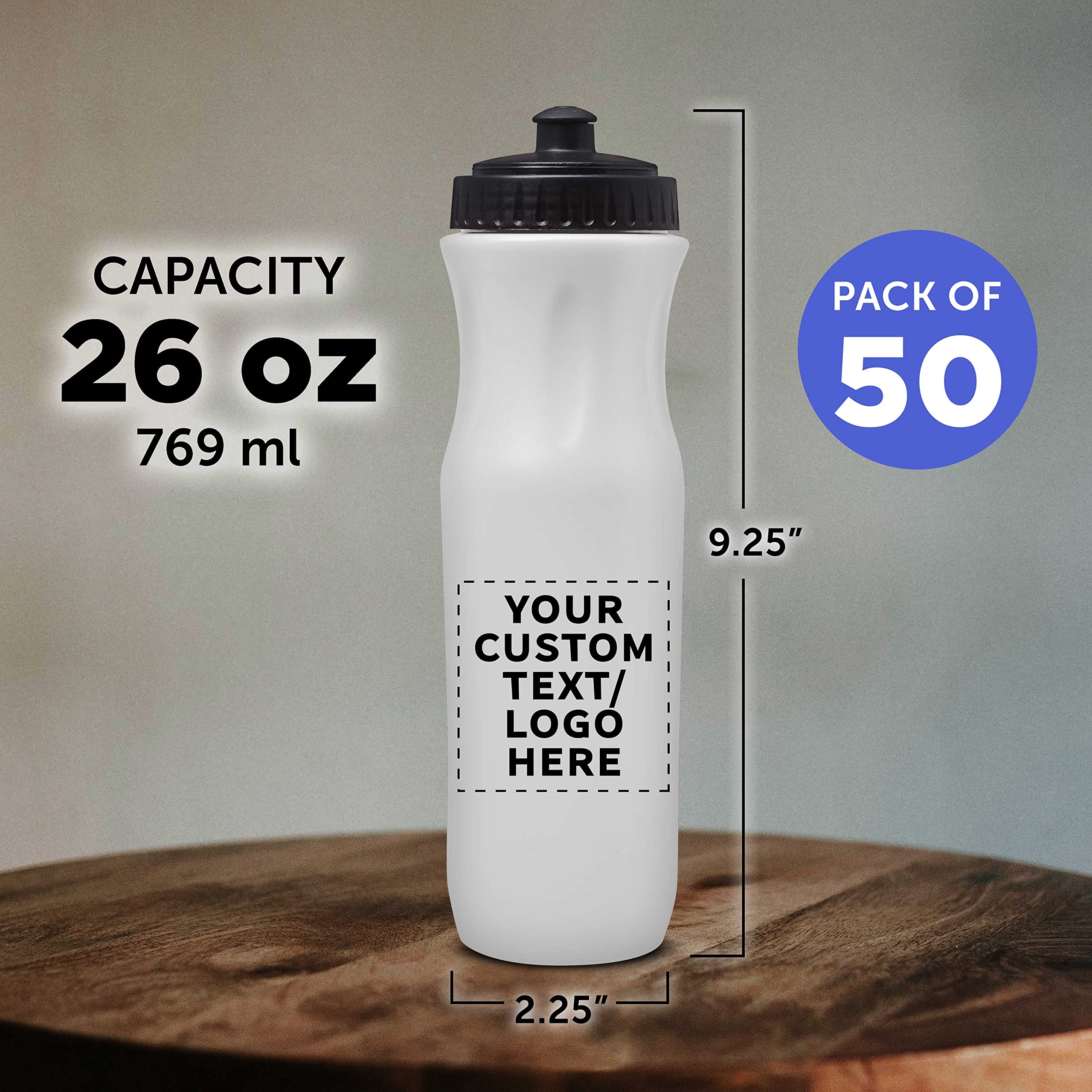 50 Pack 26oz Customizable Plastic Water Bottles with Black Push Top Lid - Bulk White Water Bottles for Sports, Gym, School & Office - Personalized Text & Logo Printing Available