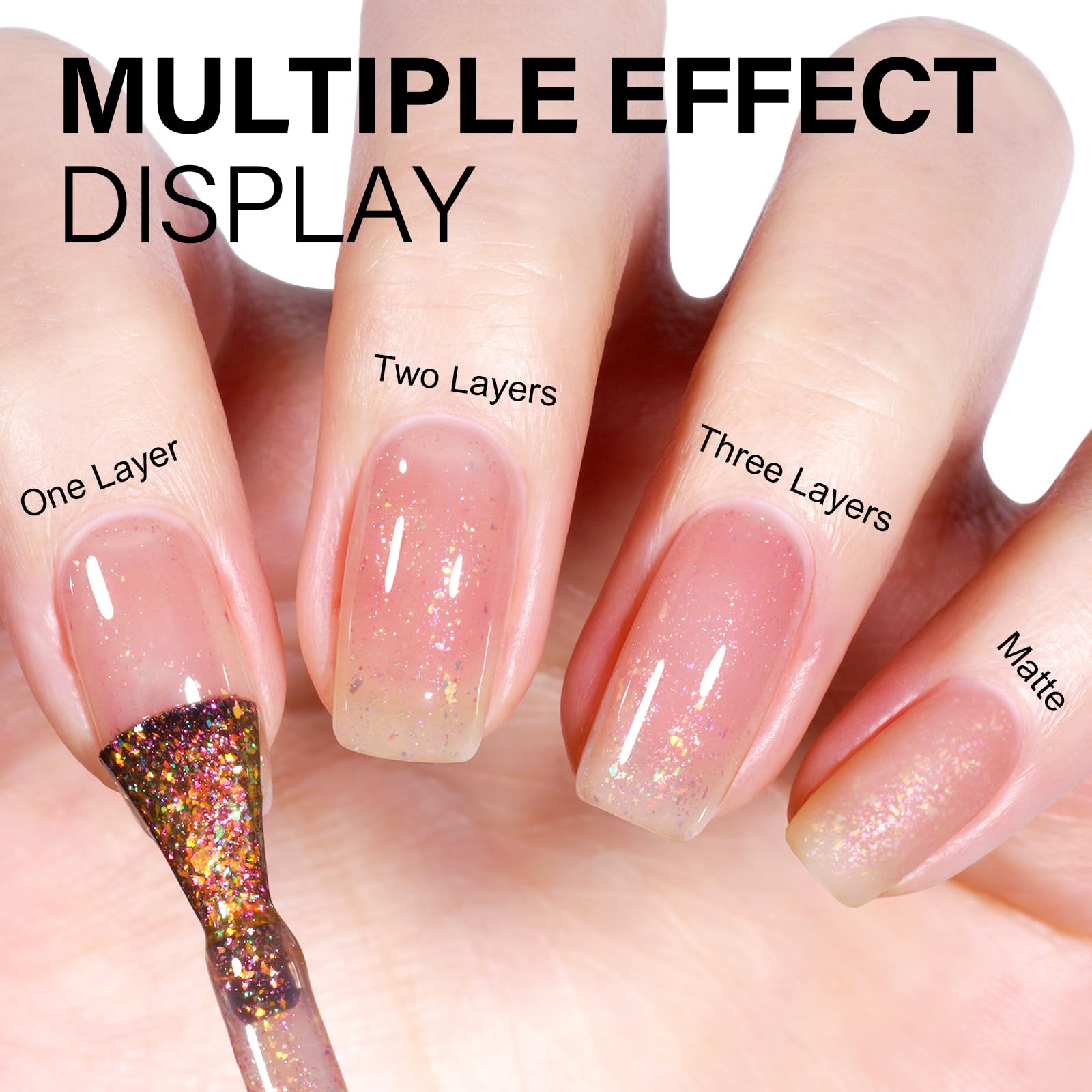 AILLSA Glitter Iridescent Gel Nail Polish - Coral Pink Sparkle Jelly Gel with Holographic Foil Effect, Translucent UV/LED Soak Off Polish for DIY Nails (0.27 Fl Oz) - Perfect for Nail Salon, Home Manicure, Holiday Gifts & Special Occasions