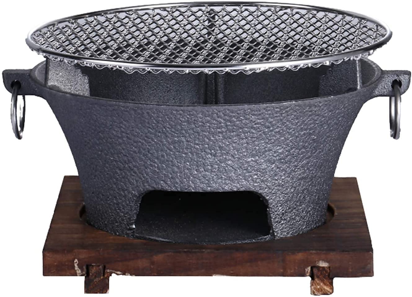 Premium Round Charcoal Tabletop BBQ Grill - Portable Cast Iron Grill with Wire Mesh & Wooden Base - Excellent Heat Dissipation - Perfect for Camping, Picnics & Backyard BBQs (Size A)