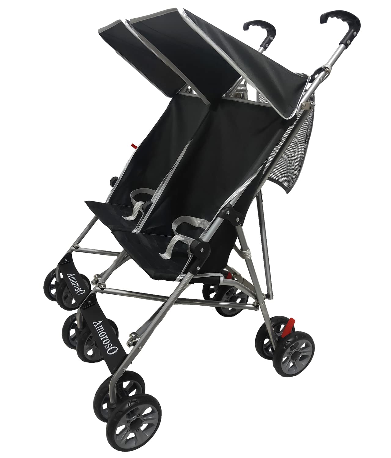 AmorosO Twin Lightweight Umbrella Stroller for Toddlers - Easy to Clean 4-Wheel Baby Stroller with Extra Storage & Sun/Rain Protection - Compact Travel Stroller for Twins - Perfect for Shopping, Travel & Outdoor Walks - Black