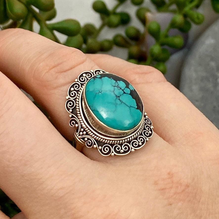 Boho Style Turquoise Oval Ring for Women - Size 7 - KRGJ2778 | Handmade Bohemian Jewelry for Casual Wear, Festivals & Gift Giving