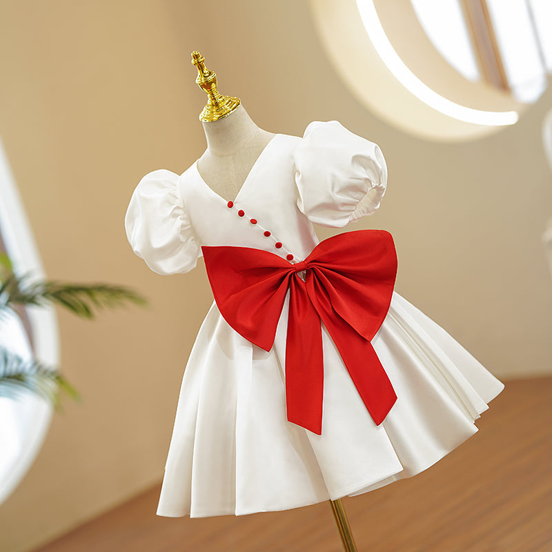 White Satin A-Line Flower Girl Dress with Bow & V-Neck Puff Sleeves - Perfect for Weddings, Baptisms & Special Occasions