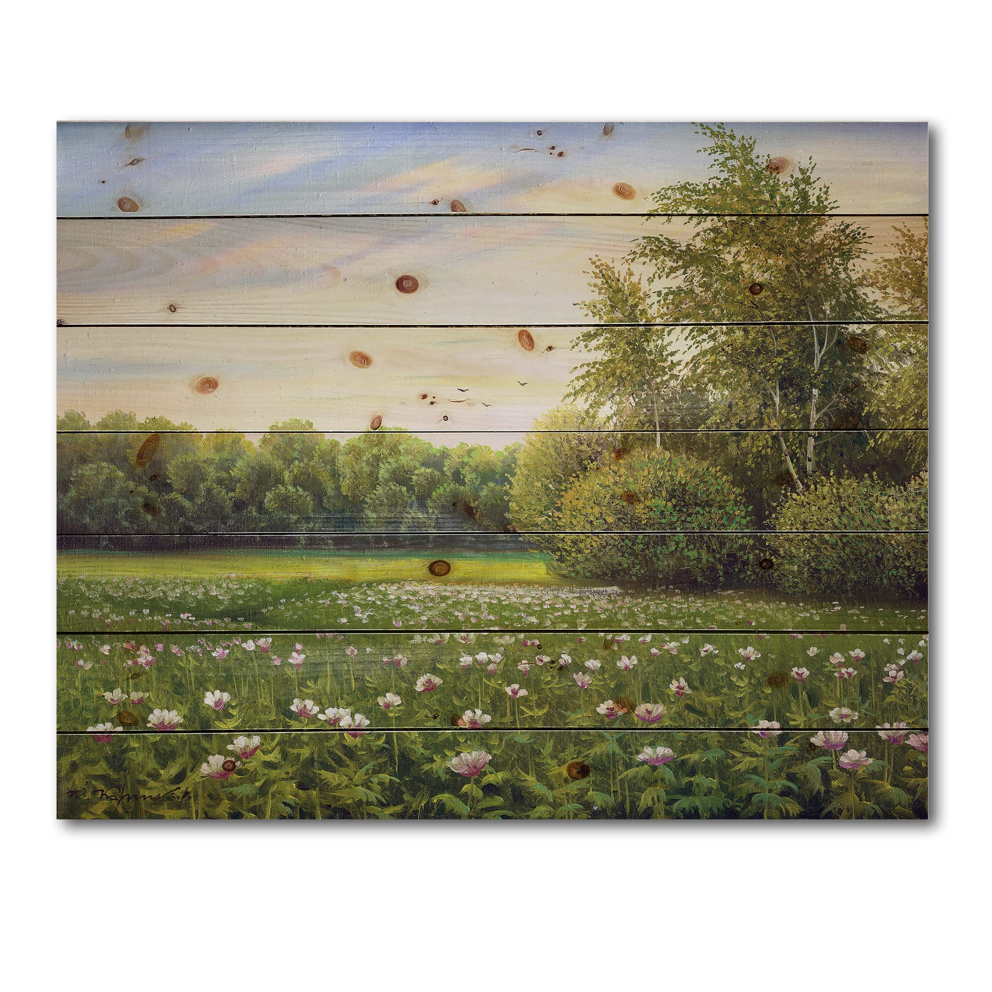 DesignQ Spring Trees By The Meadows Wood Wall Art - Large Country Landscape Panel Decor Printed on Natural Pine Wood - Perfect for Living Room, Bedroom & Farmhouse Decor