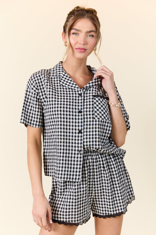 Black Gingham Short Sleeve Pajama Set for Women - Soft Cotton Sleepwear for Peaceful Mornings & Cozy Nights - Perfect for Lounging, Sleepovers and Relaxing at Home