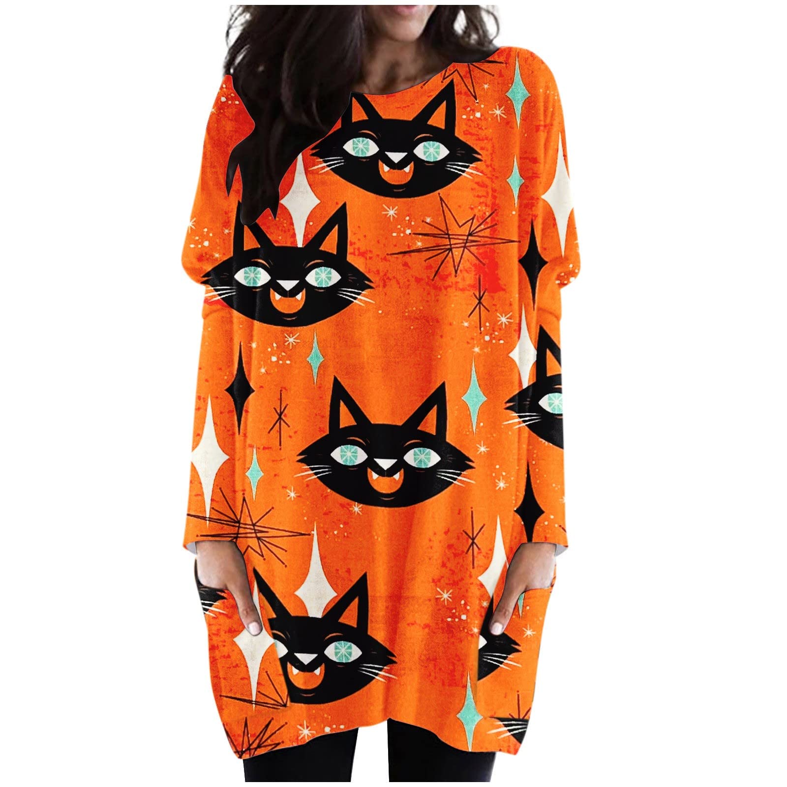 Halloween T-Shirts for Women - Cowl Neck Oversized Tunic Top with Printed Design | Comfortable & Stretchy for Work, Office & Nursing | Perfect for Halloween Parties, Costume Events & Casual Wear