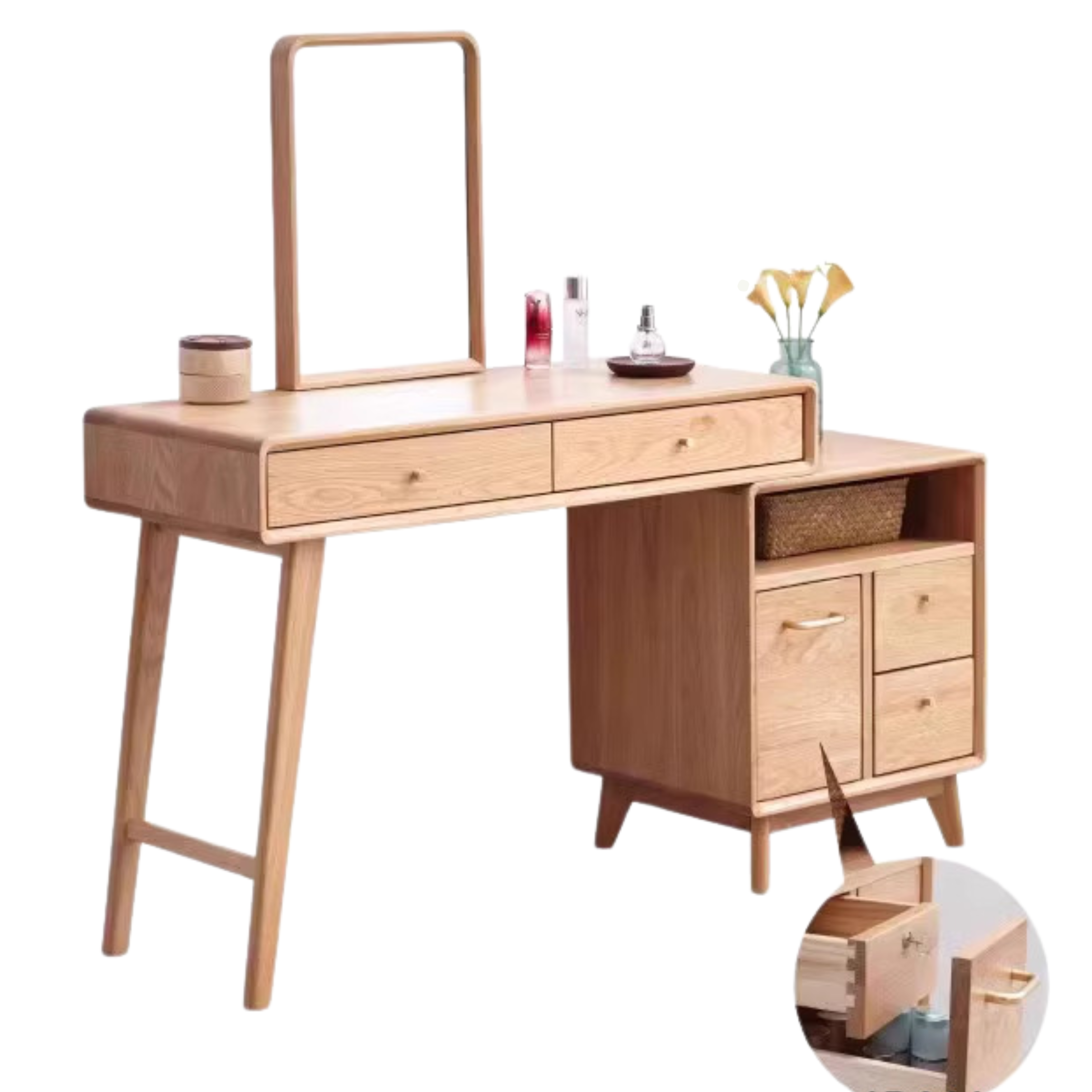 39.4-57.1x15.7x29.5 inch/ 100-145x40x75сm/ Natural Wood Color/ telescopic makeup table drawer cabinet with lock + makeup mirror