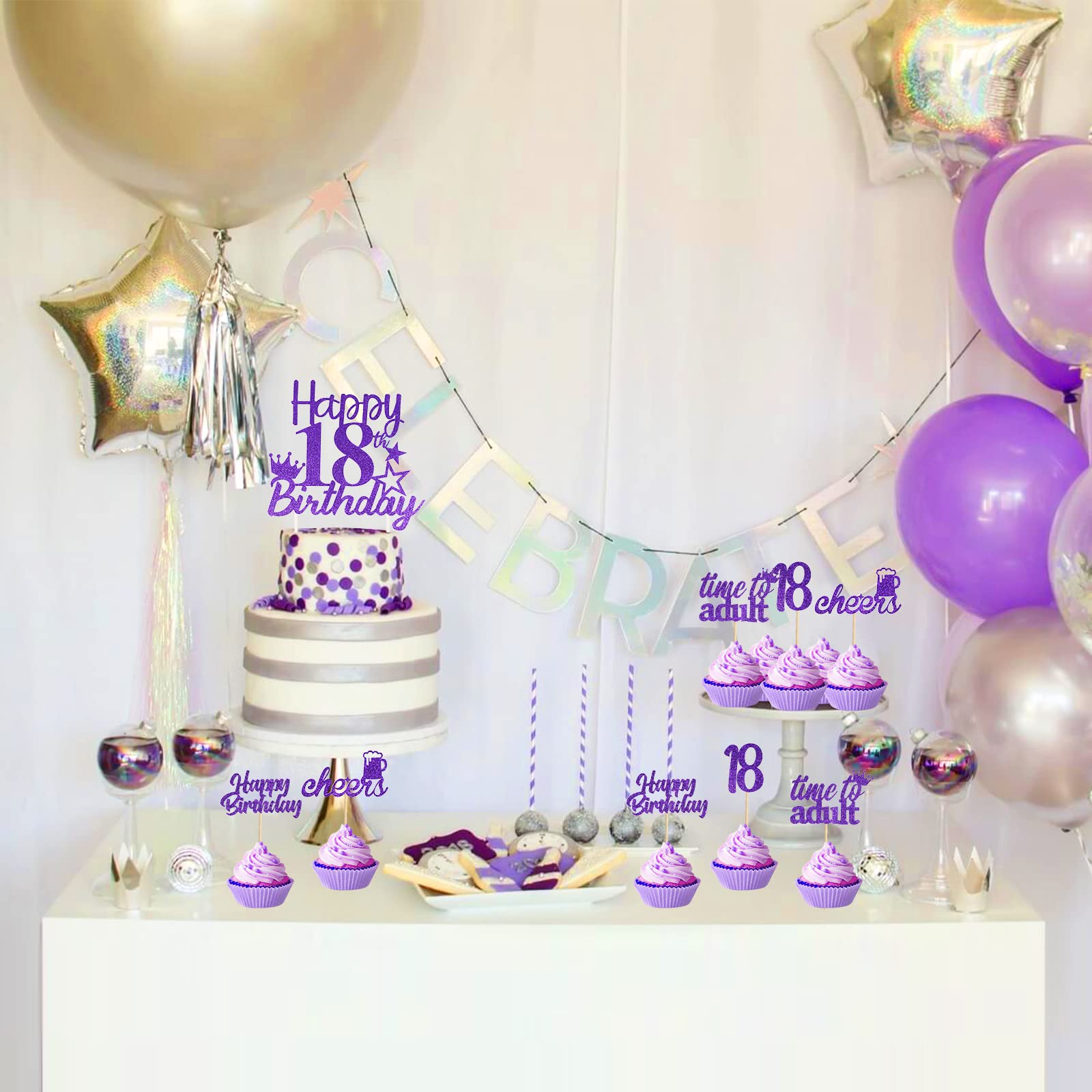 Happy 18th Birthday Cake Toppers - 25 Pack Purple Cake Picks & Cupcake Decorations for Girls | Eighteen Years Old Party Supplies for Birthday Celebrations, Sweet 16 Parties & Milestone Events