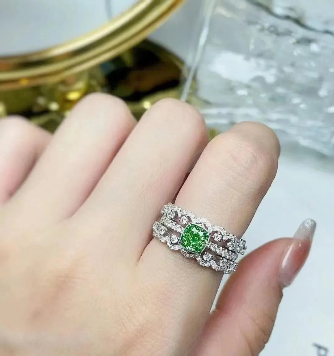 SGARIT 18K White Gold 1 Carat Princess Cut Green Diamond Engagement Ring for Women - Detachable Three Layer Design, Luxury Wedding Jewelry for Brides, Anniversary Gifts & Special Occasions