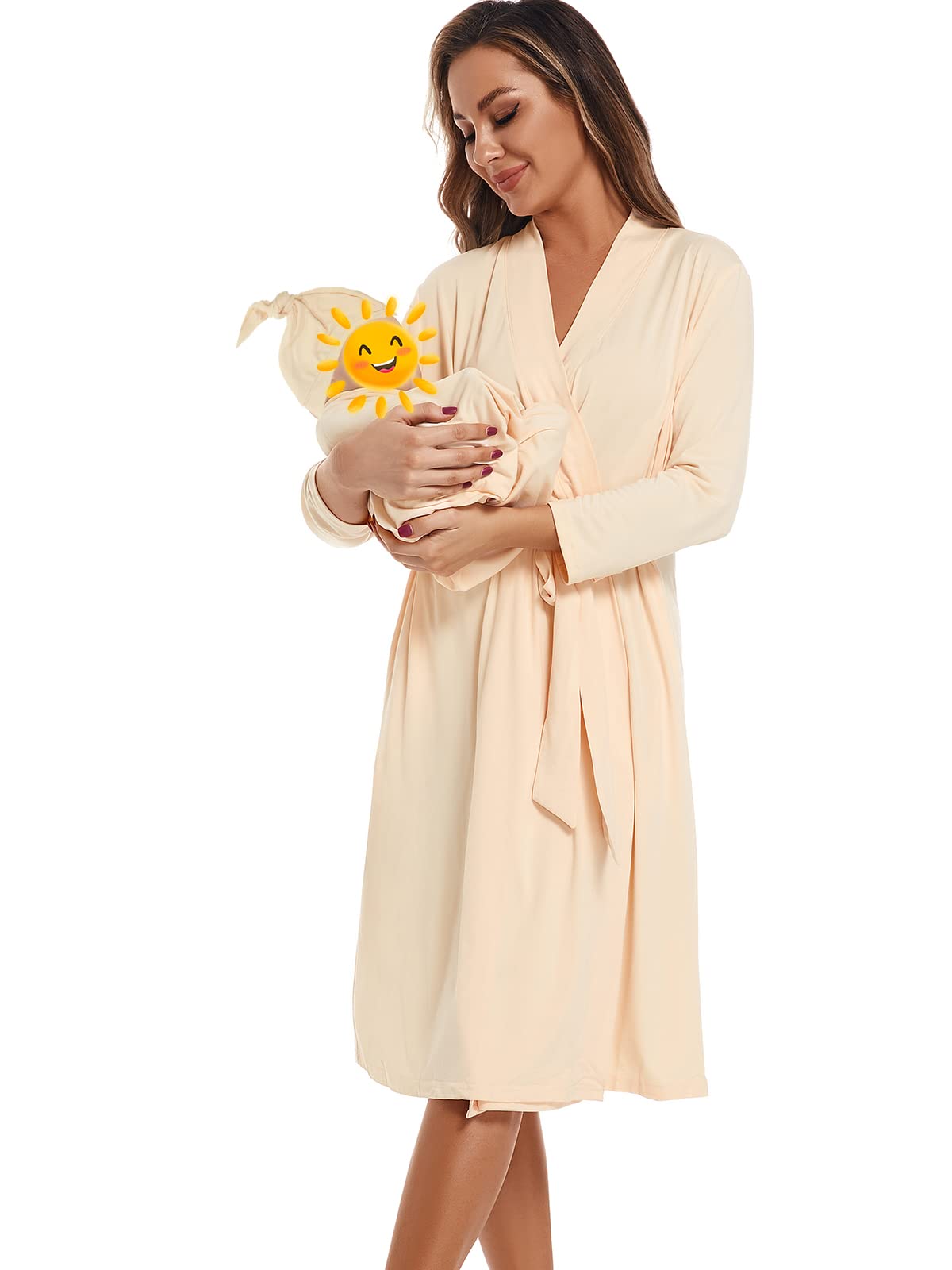 SUFEINI Maternity Robe with Matching Swaddle Blanket Set - Soft Postpartum Nursing Robe & Baby Swaddle - Comfortable Breastfeeding Sleepwear for New Moms (Perfect for Hospital, Nursing & Relaxing at Home)