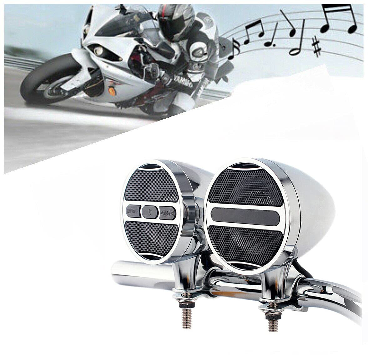 Waterproof Bluetooth Motorcycle Stereo Speaker System with MP3/USB/FM Radio - 12V Dual Red Speakers for Harley, Honda, Yamaha - Perfect for Long Rides & Outdoor Adventures