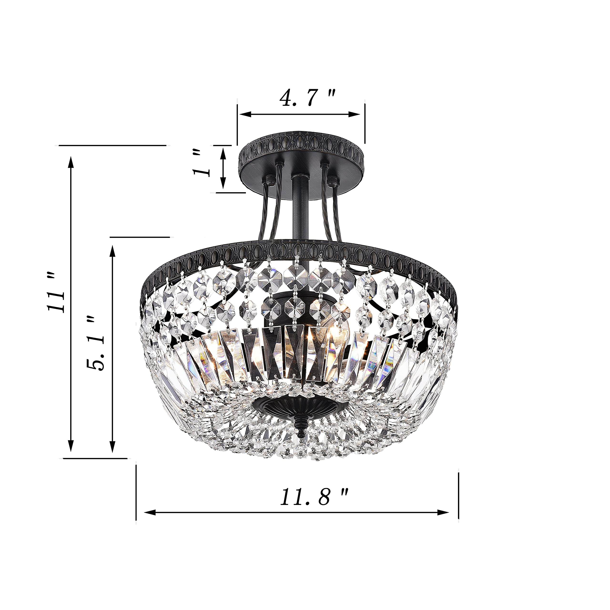 Crystal 3-Light Semi Flush Mount Ceiling Light Fixture - 11.8