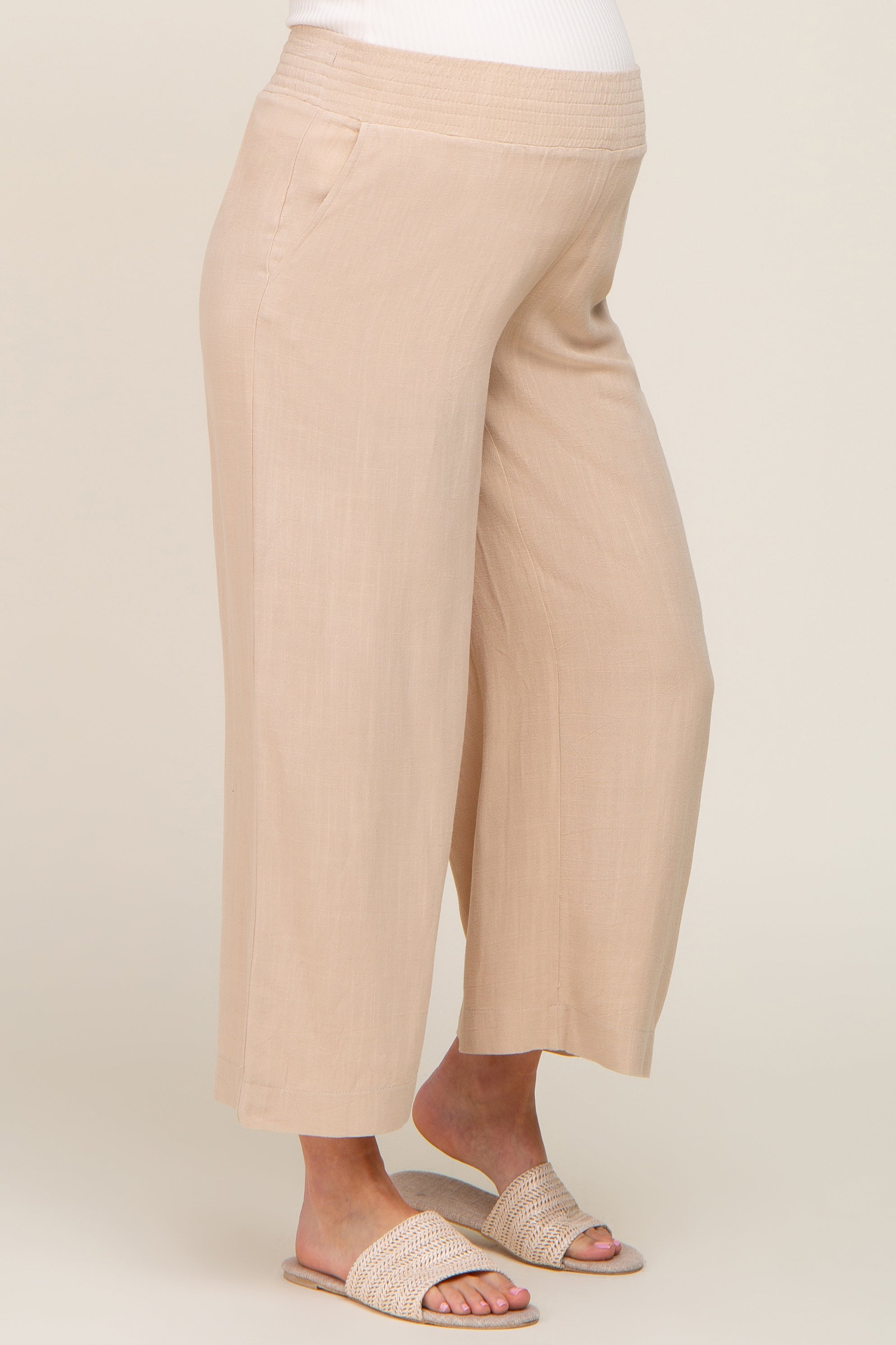 Comfortable Beige Wide Leg Maternity Pants for Pregnant Women - Soft Stretchy Fabric for Everyday Wear, Office & Pregnancy Yoga