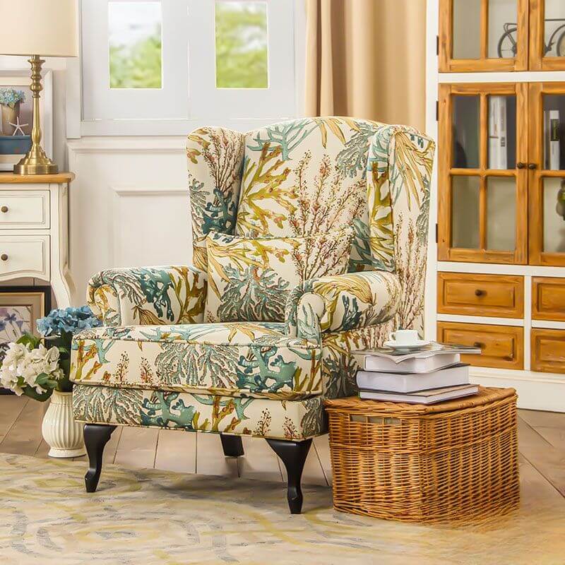 Tropical Yellow Blue Floral Toile Pattern Foam Accent Chair with Fixed Back, Arms and Pillow - Perfect for Living Room, Bedroom or Office Decor
