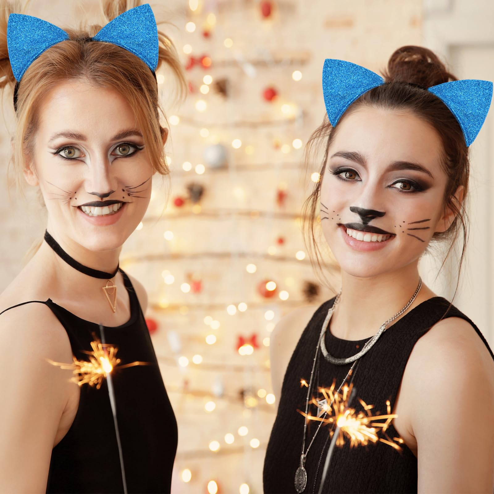 Sparkly Cat Ears Headband for Women & Girls - Glitter Hair Accessories for Halloween, Cosplay, Birthday Parties & Daily Wear (Blue) | Cute Costume Headband for Kids & Adults