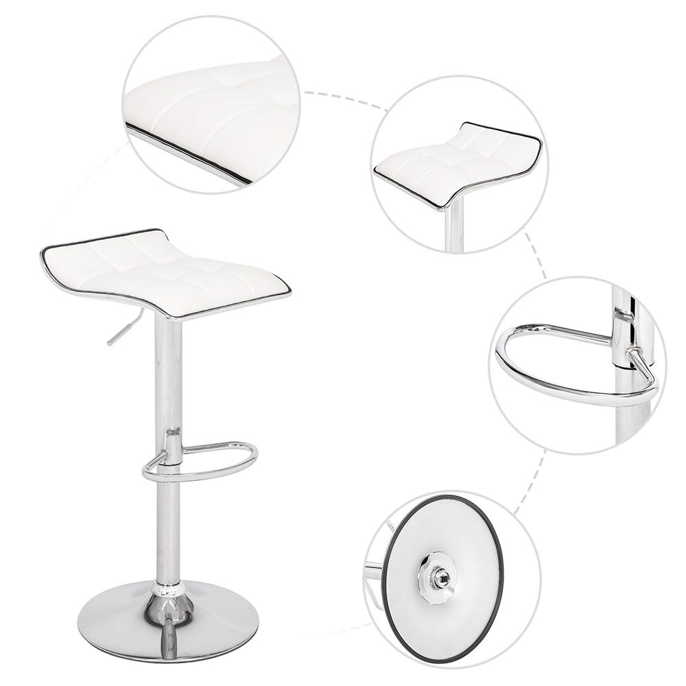 Modern PU Leather Swivel Adjustable Hydraulic Bar Stools Set of 2 - Square Board Curved Foot Design in Cotton Linen Fabric (White) for Kitchen Island, Home Bar & Dining Counter
