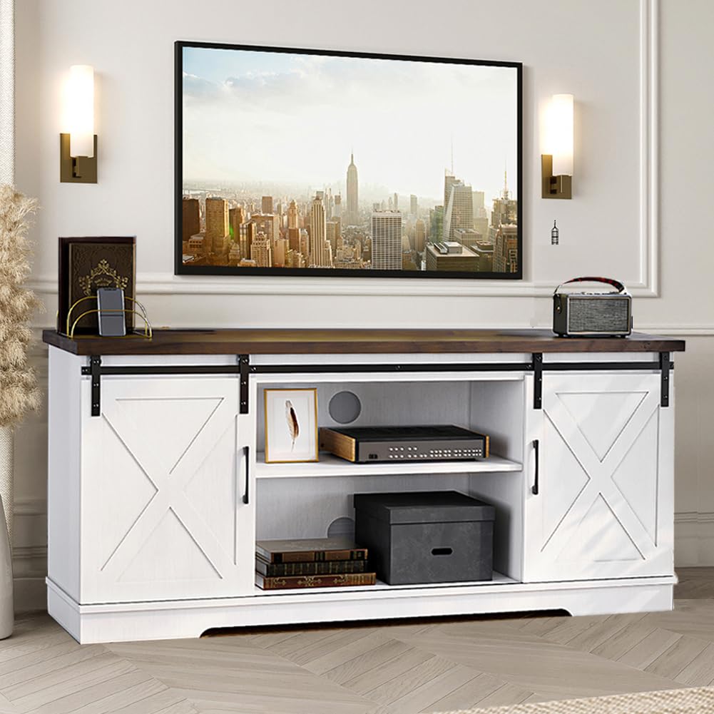 IDEALHOUSE 65 Inch Farmhouse TV Stand with Barn Doors - Rustic Entertainment Center & Media Console Cabinet with Storage Shelves - Modern Living Room Furniture for Home Theater & Family Entertainment (White)