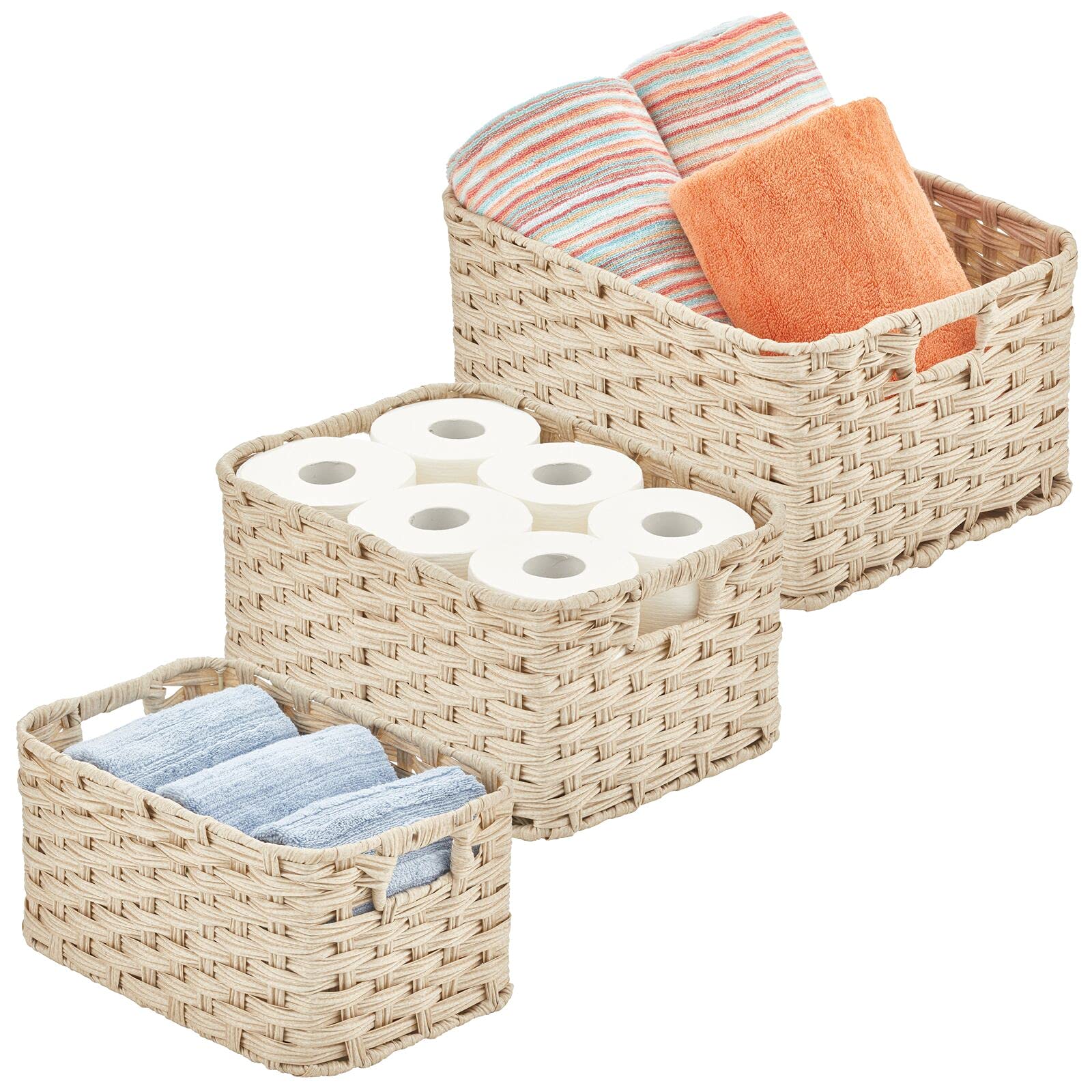 mDesign Woven Storage Baskets Set of 3 - Braided Rope Organizer Bins with Handles for Closet, Bedroom, Bathroom | Home Decor & Office Organization | Cream Beige Nested Bins | Perfect for Entryway, Laundry Room & Kids' Toy Storage