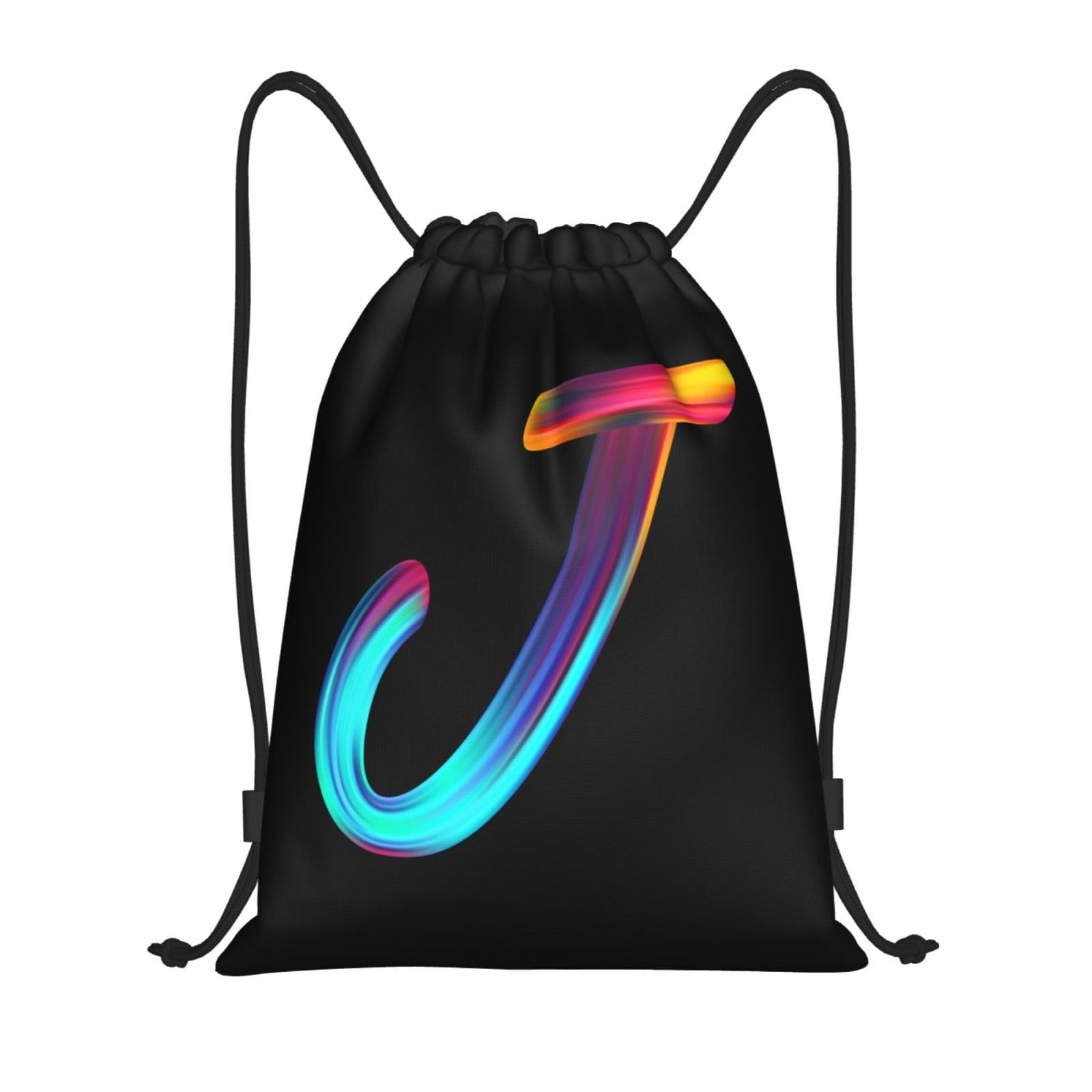 Personalized Initial Drawstring Backpack - Lightweight Black Cinch Sack for Gym, Sports, Travel & Outdoor Activities | Perfect for Swimming, Beach, Camping & School | Custom Rainbow Letter Design