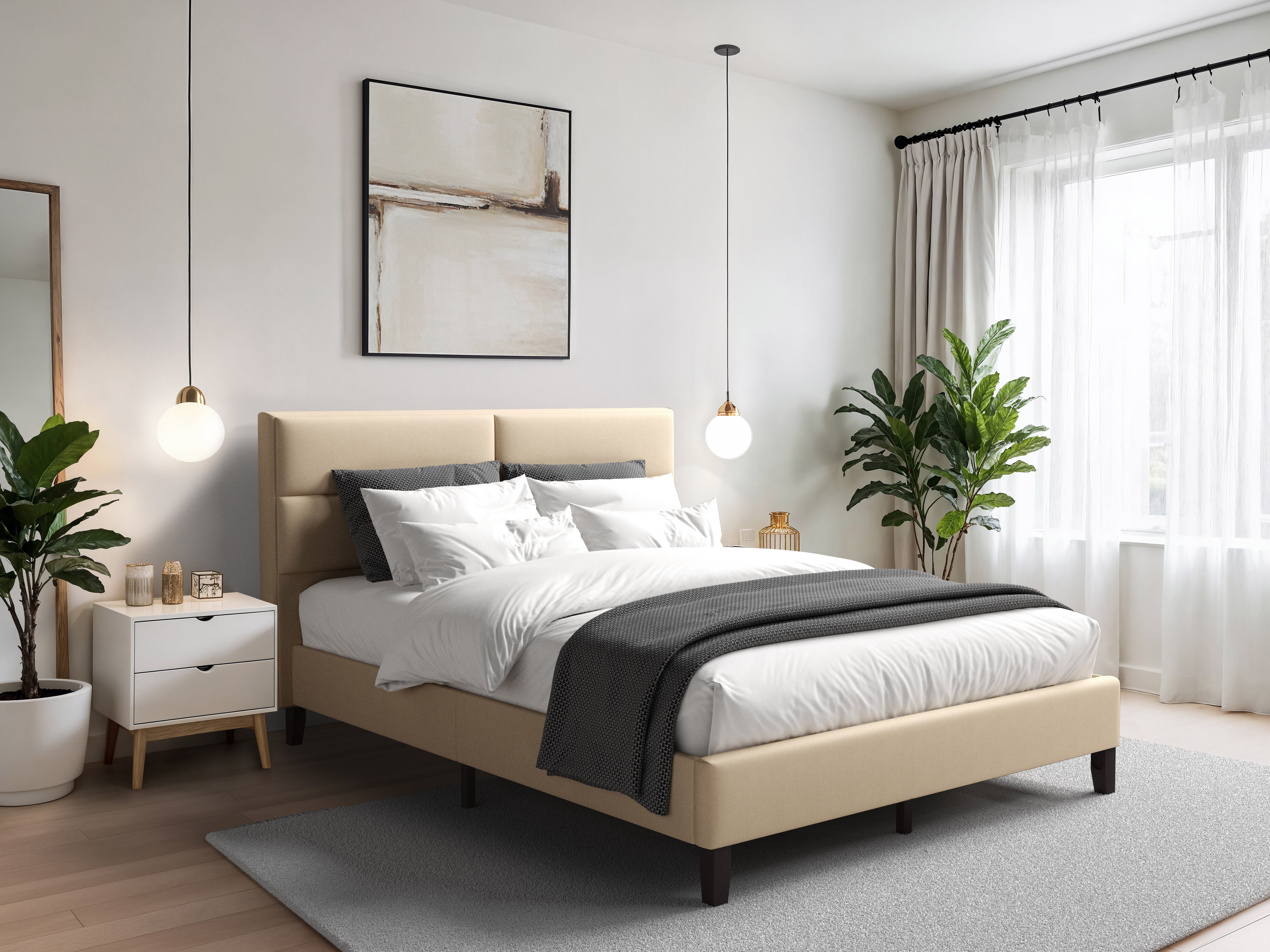Luxury Beige Upholstered King Size Bed Frame with Tufted Headboard - Modern Bedroom Furniture for Master Suite & Guest Room