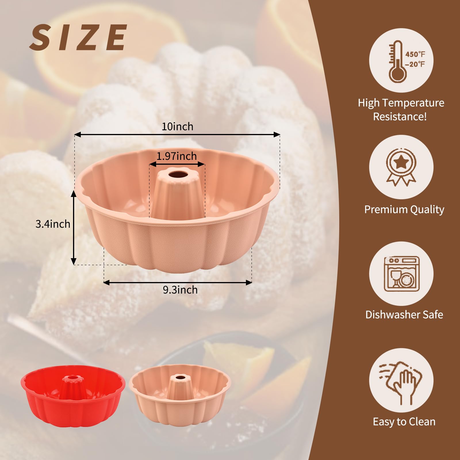 2 Pack Nonstick Silicone Bundt Cake Pan Set - 10 Inch Pound Cake Mold for Baking Cakes, Brownies, Bread, Jello & Gelatin (Red + Pink) - Perfect for Home Baking, Parties & Holiday Desserts
