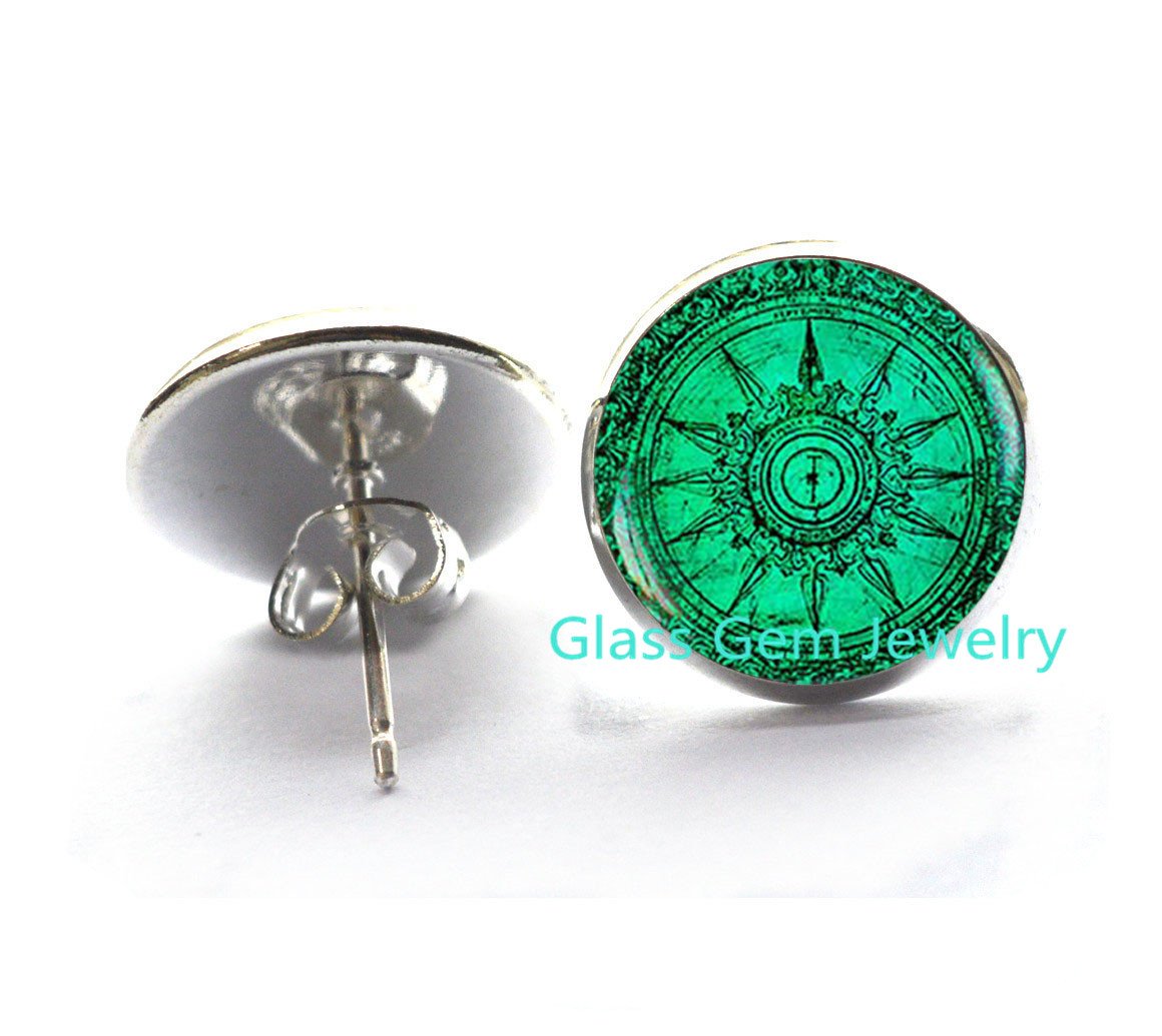 Stylish Turquoise Compass Stud Earrings for Men & Women - Unique Glass Dome Art Gift - Perfect for Travel Lovers & Jewelry Collectors (Q0104)
