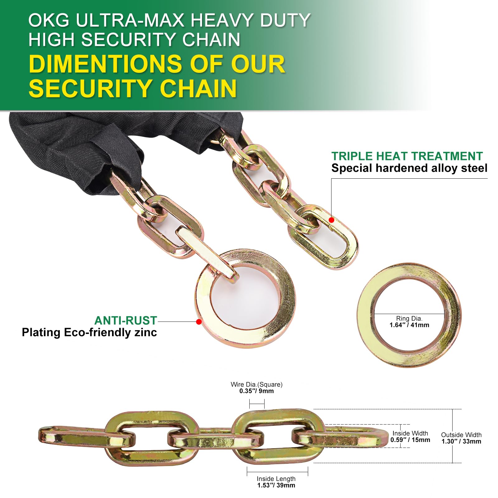 OKG 3.6ft Heavy Duty Security Chain - 9mm Cut Proof Hardened Alloy Steel - Premium Anti-Theft Lock Chain for Garage, E-Bike, Motorcycle, Fence Gate - Ideal for Outdoor Equipment Protection & High Security Needs