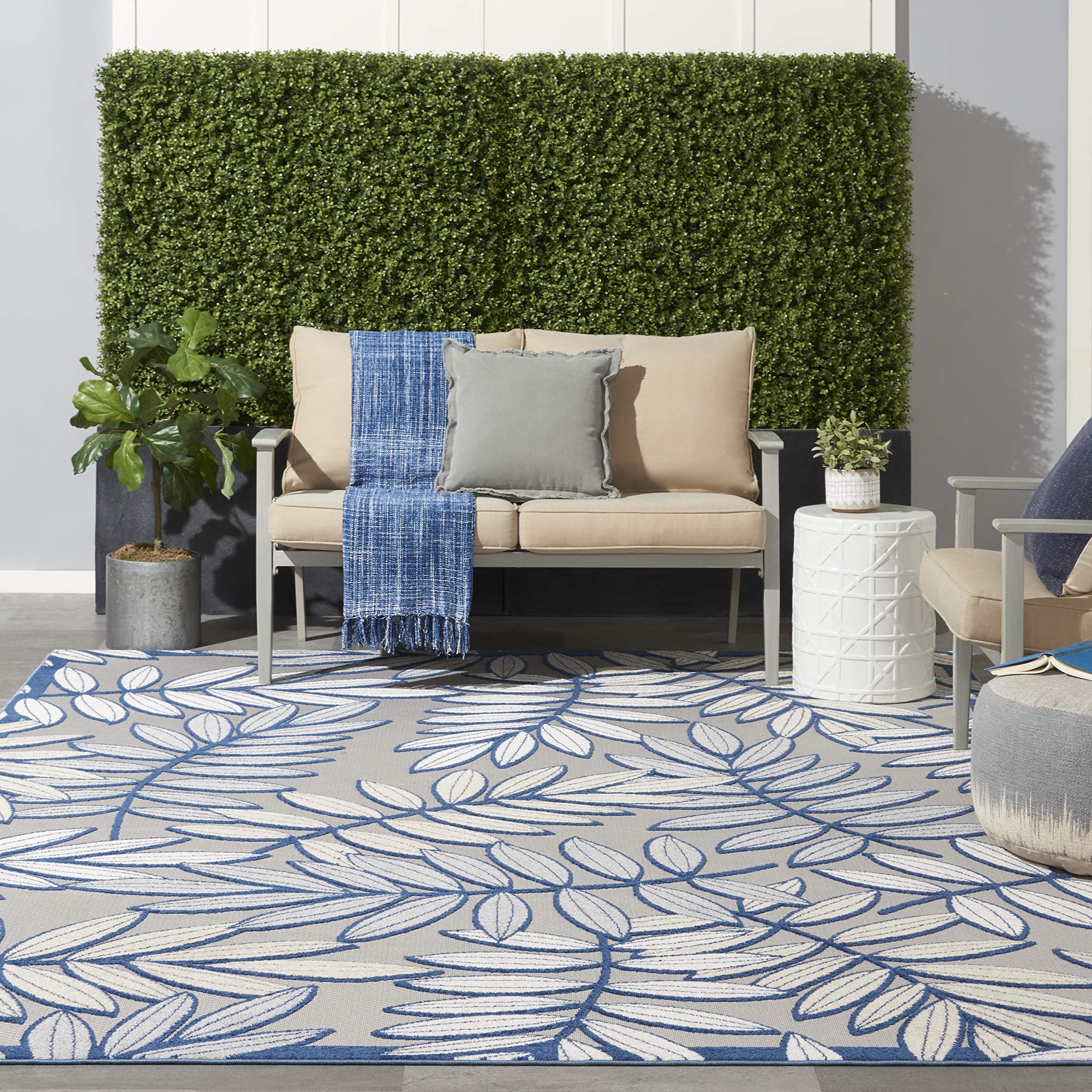 Nourison Aloha 9' x 12' Indoor/Outdoor Area Rug - Ivory/Navy, Easy to Clean, Non-Shedding, Stain Resistant | Perfect for Bedroom, Living Room, Dining Room, Backyard, Deck & Patio (9x12)