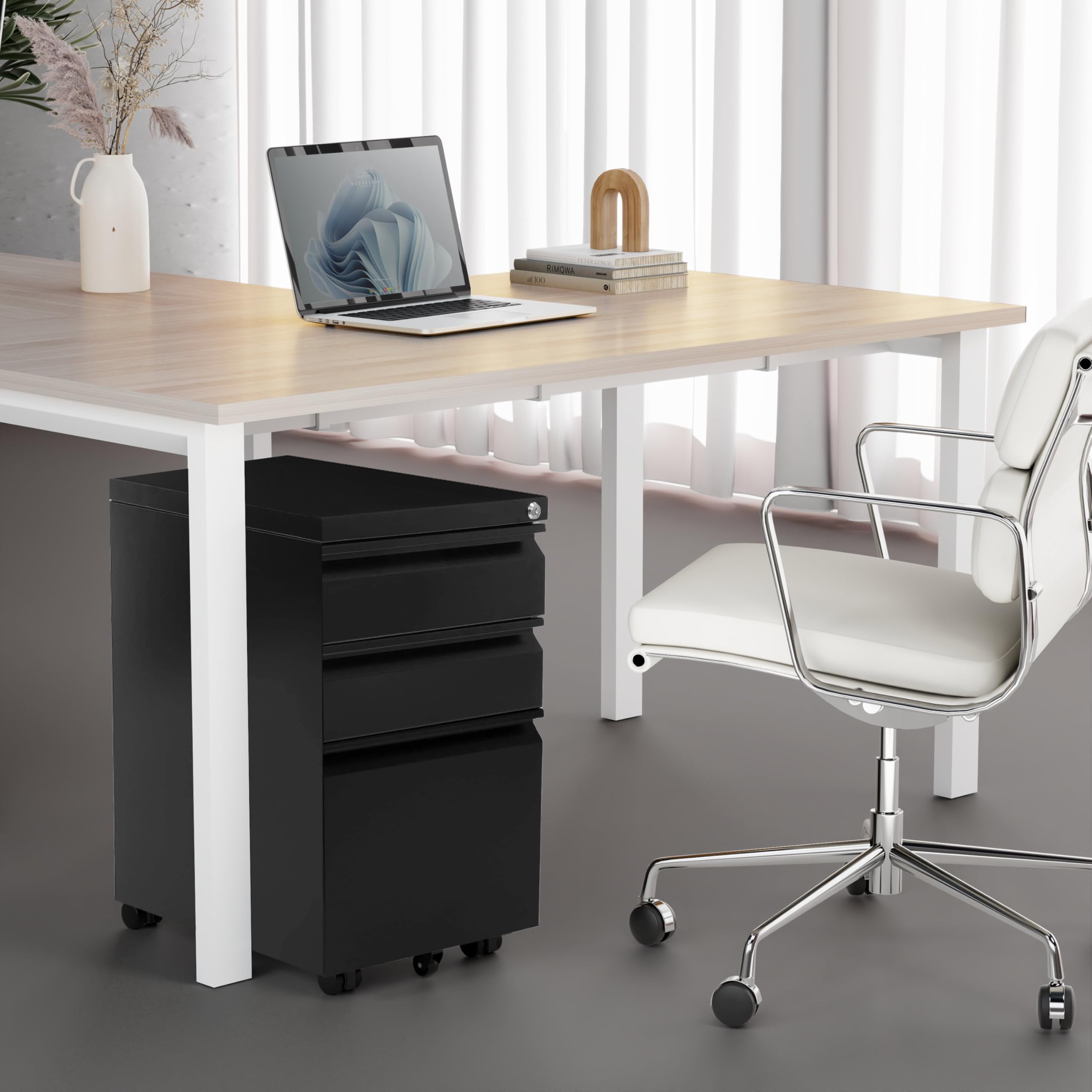 Mount-It! 3-Drawer Locking File Cabinet on Wheels - Black Under Desk Storage Organizer for Legal, Letter & A4 Files | Perfect for Home Office, Small Spaces & Mobile Document Storage