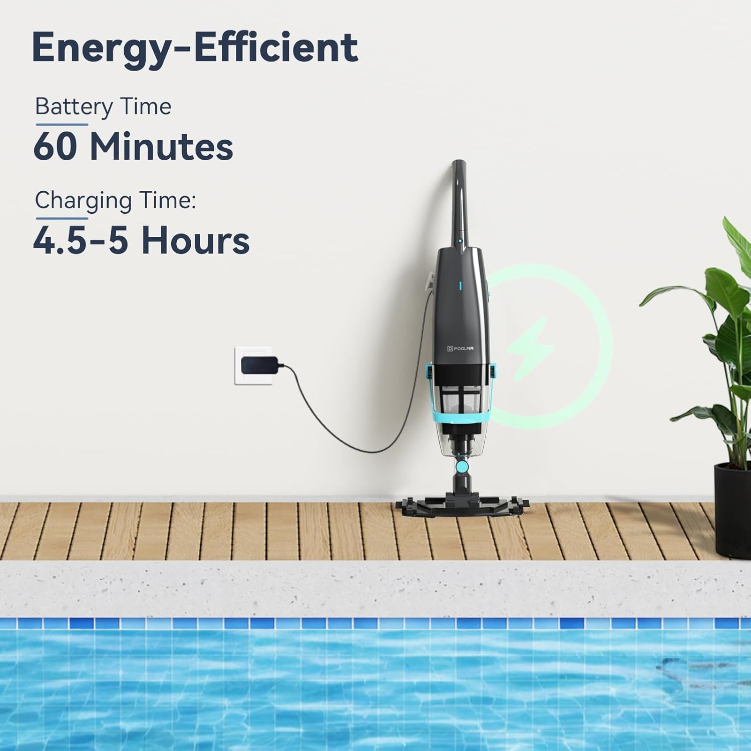 Rechargeable Cordless Pool Vacuum Cleaner - 16 Gal/Min Powerful Suction for Above Ground Pools, Hot Tubs & Spas - 60 Min Runtime Underwater Cleaning - Ideal for Leaves, Dirt & Debris Removal - Perfect for Backyard, Vacation Homes & Swimming Pool Maintenance (Black)