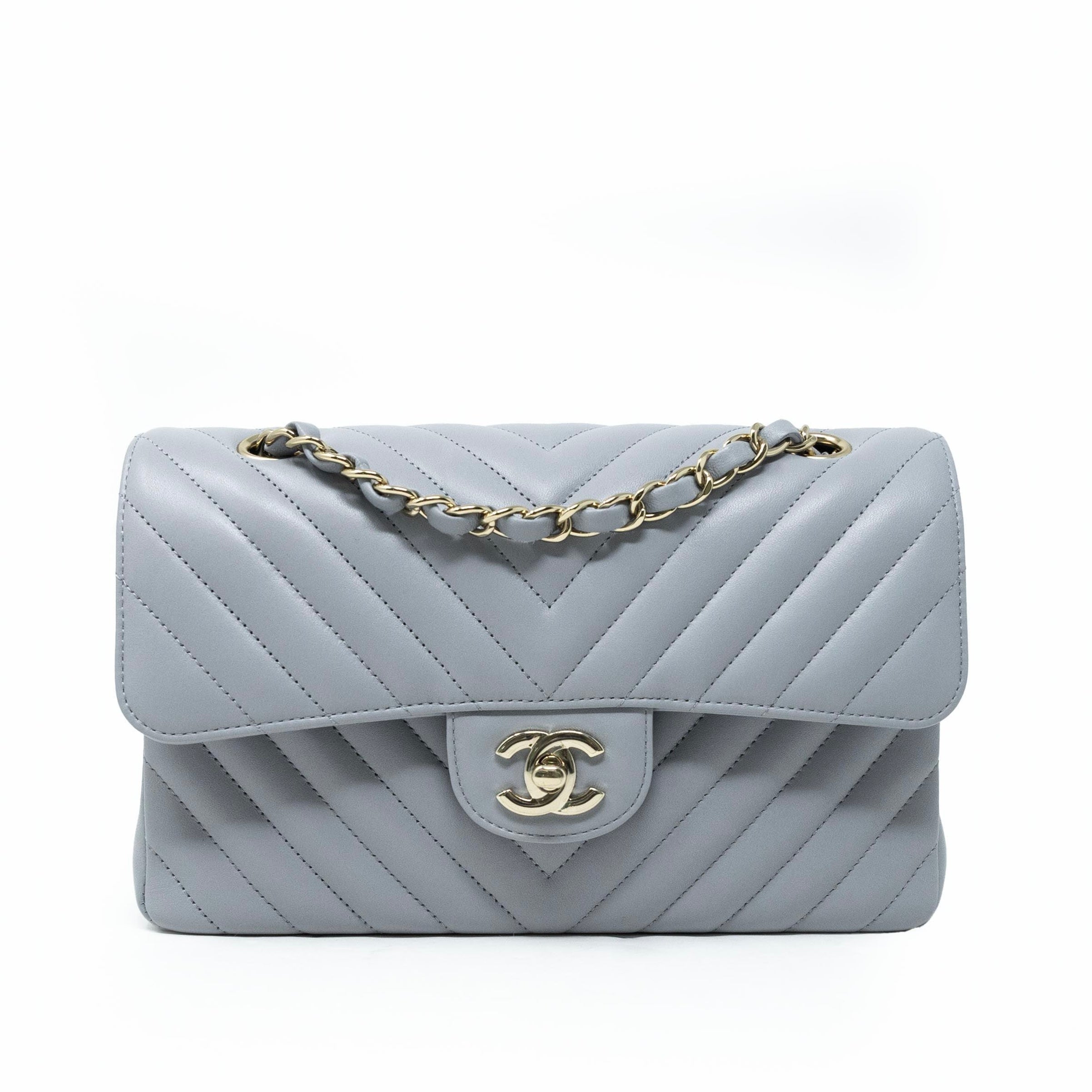 Chanel Grey Chevron Small Classic Flap Bag - Luxury Quilted Leather Crossbody Purse for Women | Perfect for Date Night, Parties & Special Occasions