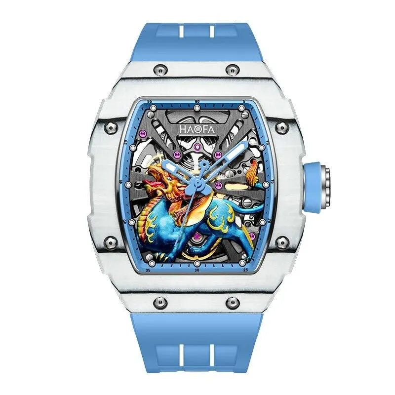 Haofa Men's Carbon Fiber Automatic Mechanical Watch - 3D Auspicious Beast Design, Hollow Sapphire Crystal, Waterproof & Luminous - Perfect for Business, Casual Wear & Special Occasions