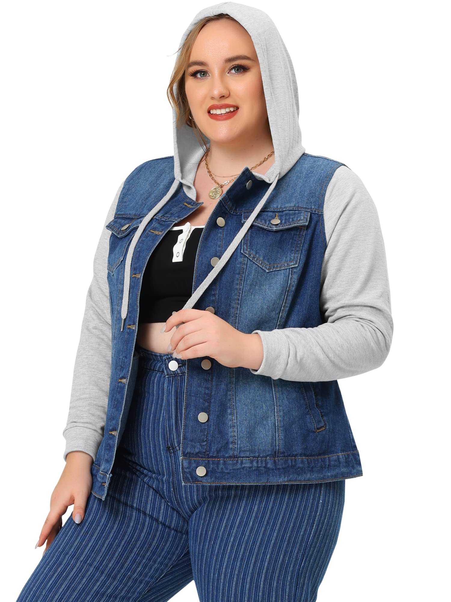 Agnes Orinda Women's Plus Size Denim Jacket - Layered Drawstring Hoodie with Pockets | Casual Outerwear for Street Style & Everyday Wear