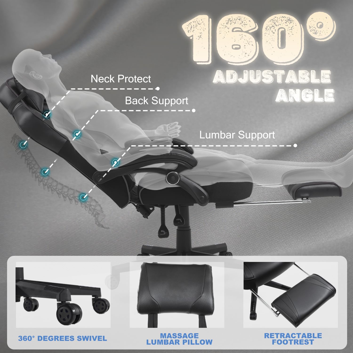 Vonesse Ergonomic Gaming Chair for Adults - High Back Computer Chair with Footrest & Massage - Big and Tall Reclining Office Desk Chair (Black) - Perfect for PC Gaming, Home Office & Esports