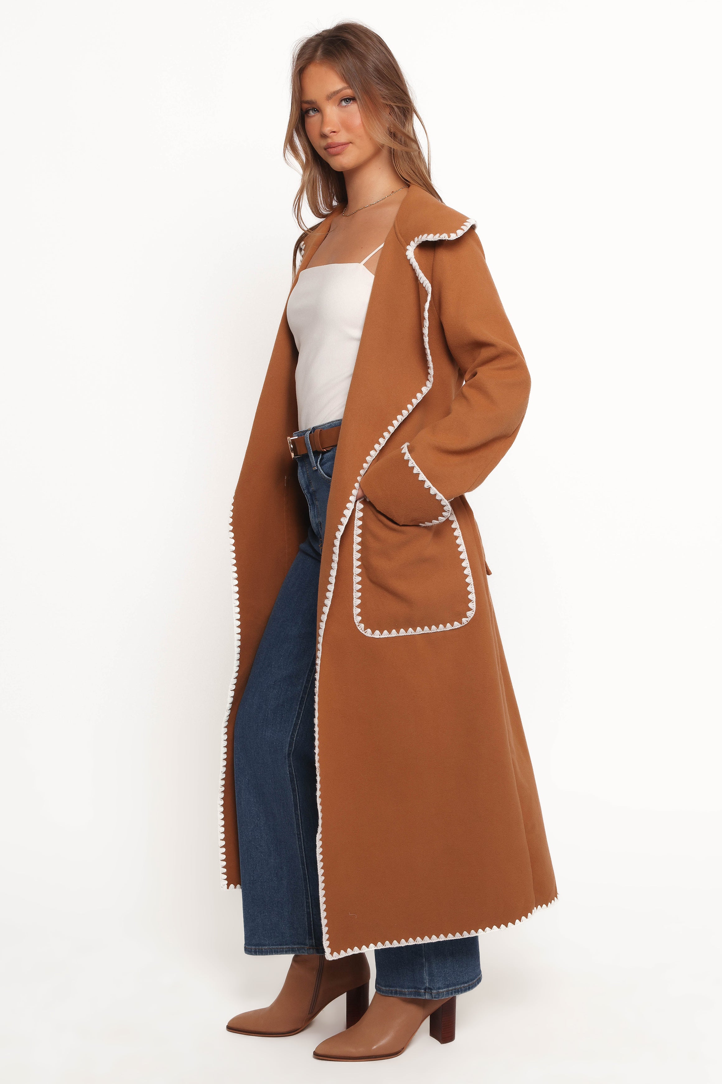 Brexley Women's Contrast Hem Trench Coat in Tan - Stylish Outerwear for Fall & Winter, Office & Casual Wear