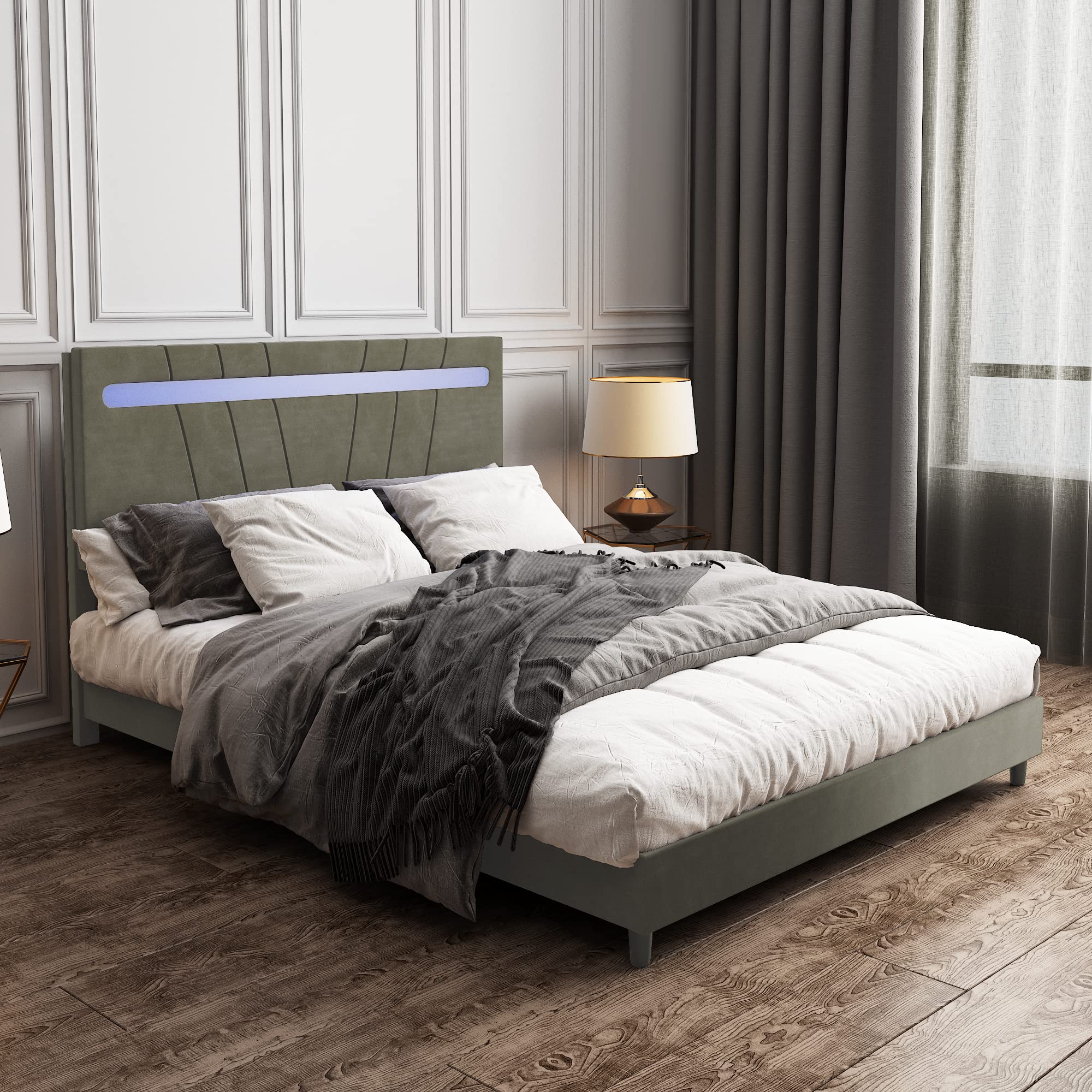 **Queen Size LED Platform Bed Frame with Adjustable Bedside Lamp - Velvet Upholstered, Solid Wood Slat Support, Grey - Perfect for Modern Bedrooms & LED Lighting Enthusiasts**