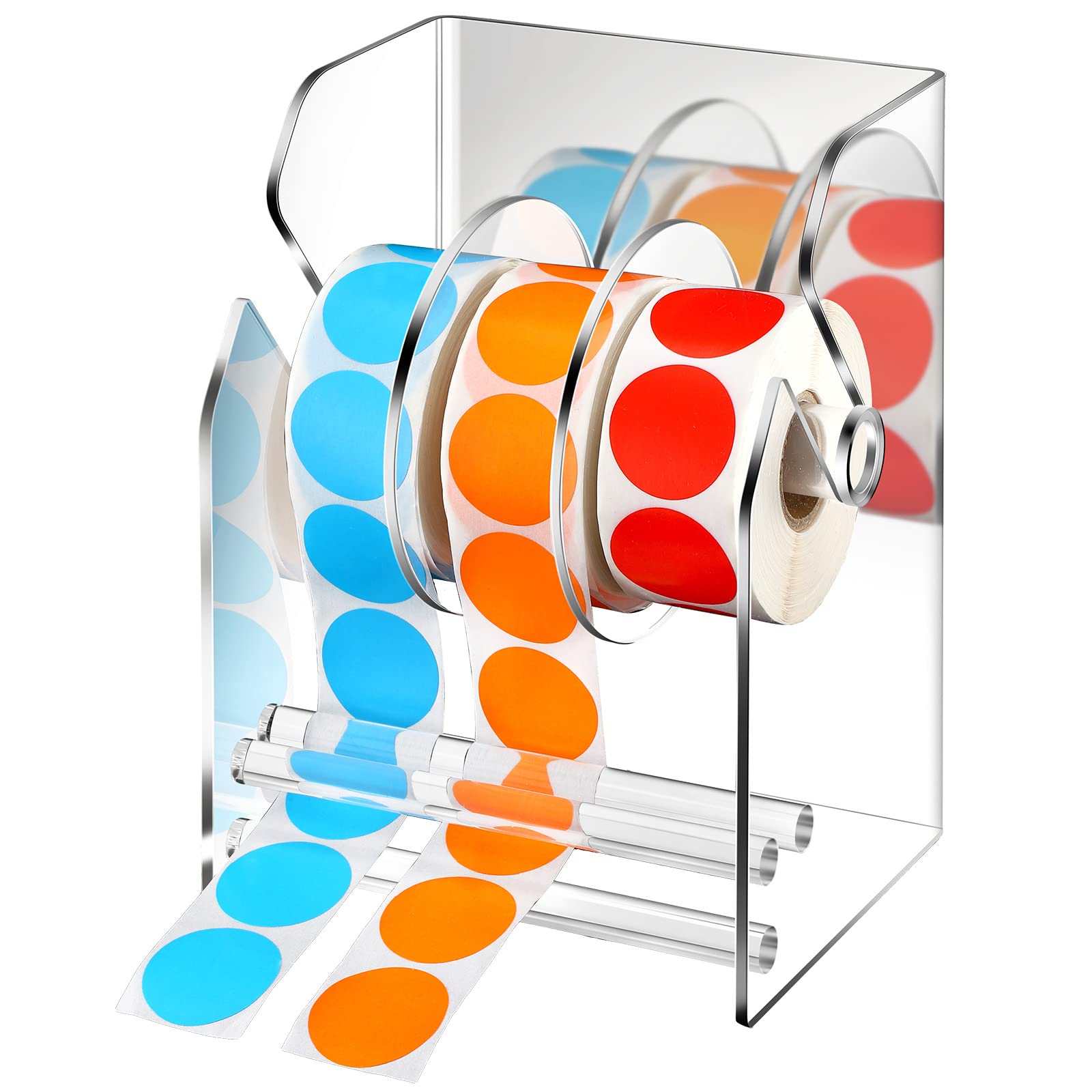 Adjustable Label Dispenser with 3 Disks - Clear Acrylic Sticker Roll Holder & Tape Organizer Stand for Office, Home, Desktop - Perfect for Organizing Files, Shipping Labels, and Craft Projects