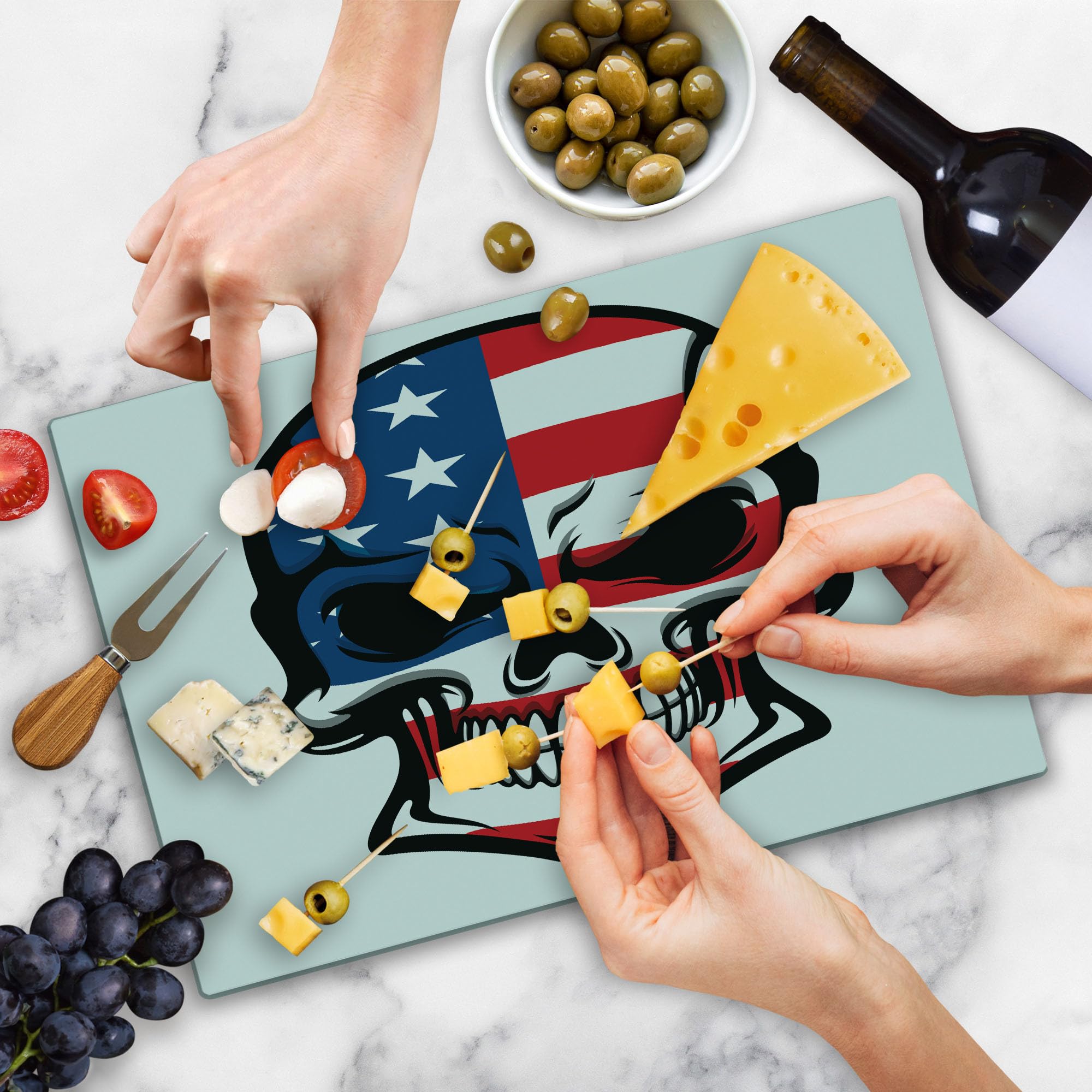 Ambesonne Skull Cutting Board - Horror Art Print Tempered Glass Serving Board - Large Size Blue White Red - Perfect for Halloween Parties & Gothic Kitchen Decor