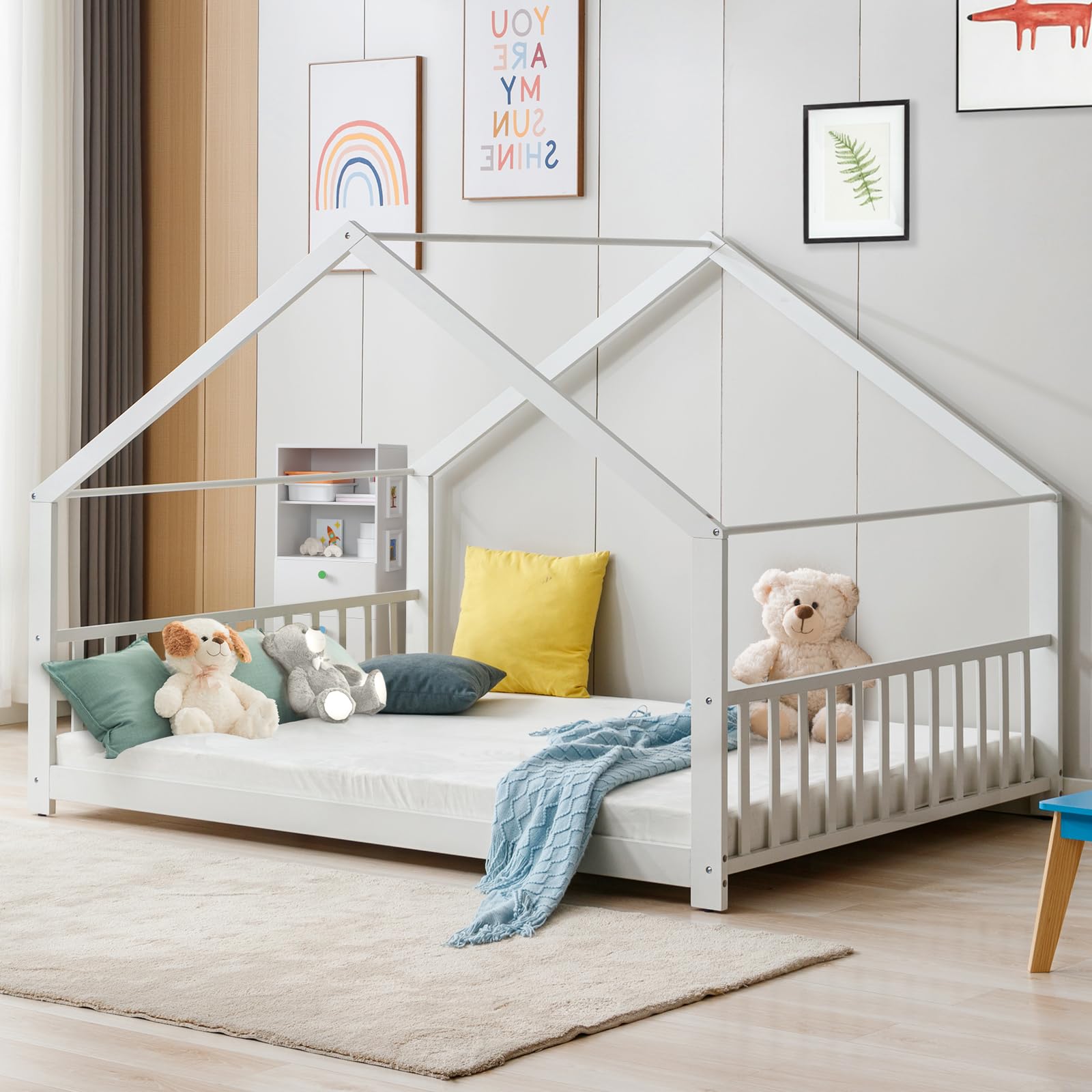 Twin Size Wooden Montessori Floor Bed Frame with Roof - Kids House Bed for Boys and Girls in White | Perfect for Montessori Bedrooms, Playrooms & Cozy Sleep Spaces