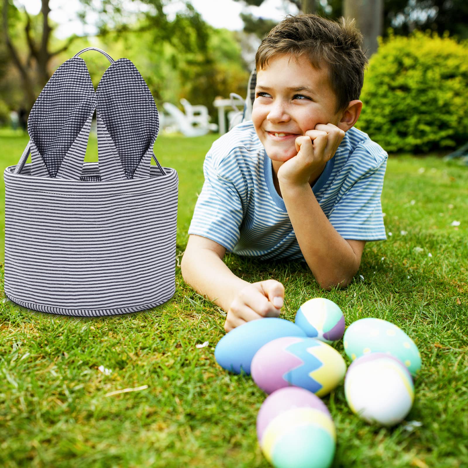 Personalized Easter Bunny Basket for Kids - Seersucker Egg Candy Bag with Fluffy Tail, Rabbit Print Bucket for Easter Egg Hunt & Party Favors (Navy Blue) - Perfect for Easter Gifts, Spring Celebrations & Kids' Egg Collecting Activities