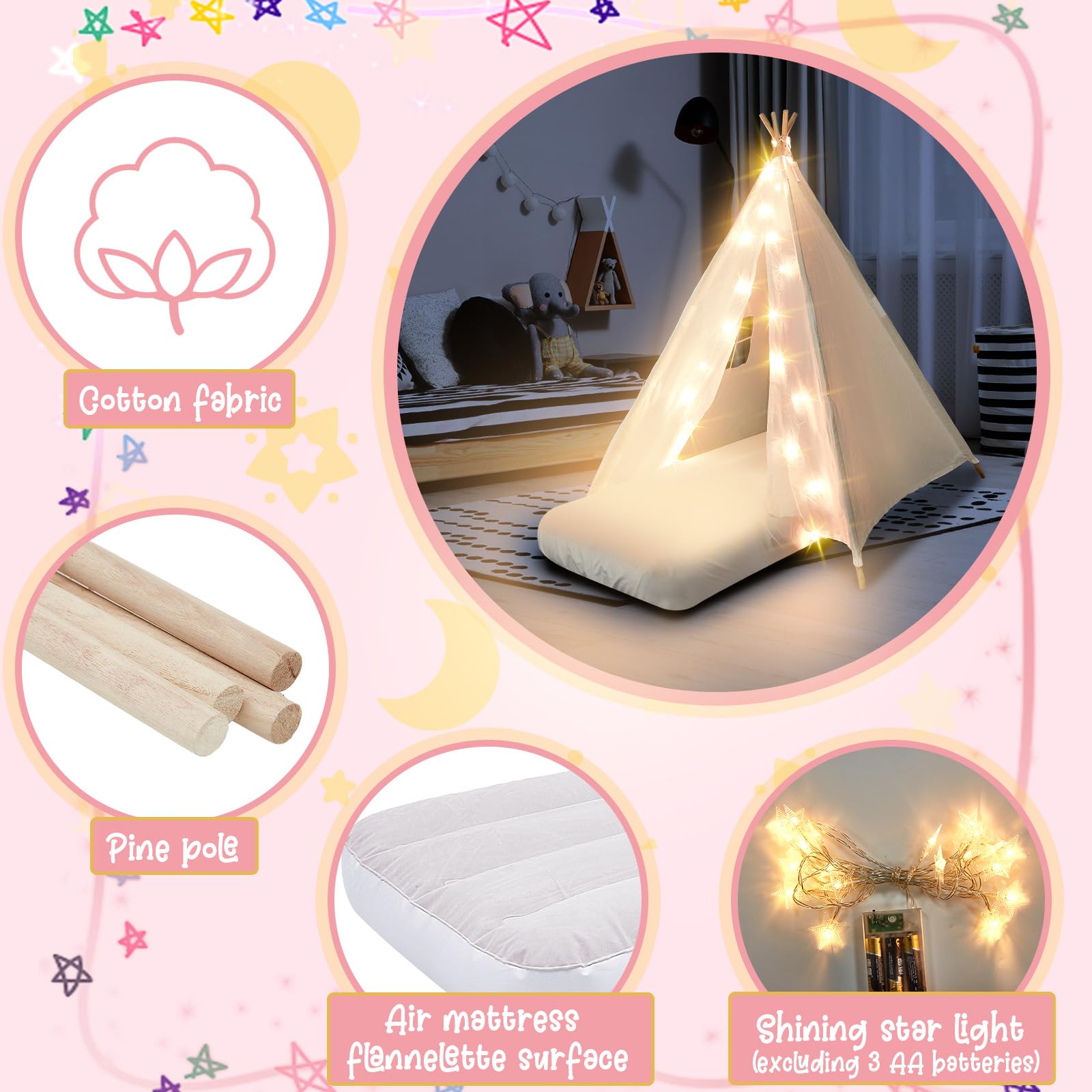 2 Pack Kids Teepee Tent with Mattress & Accessories - Washable Natural Cotton Play Tent for Boys & Girls - Indoor Outdoor Playhouse for Sleepovers, Birthday Parties & Backyard Adventures (White)