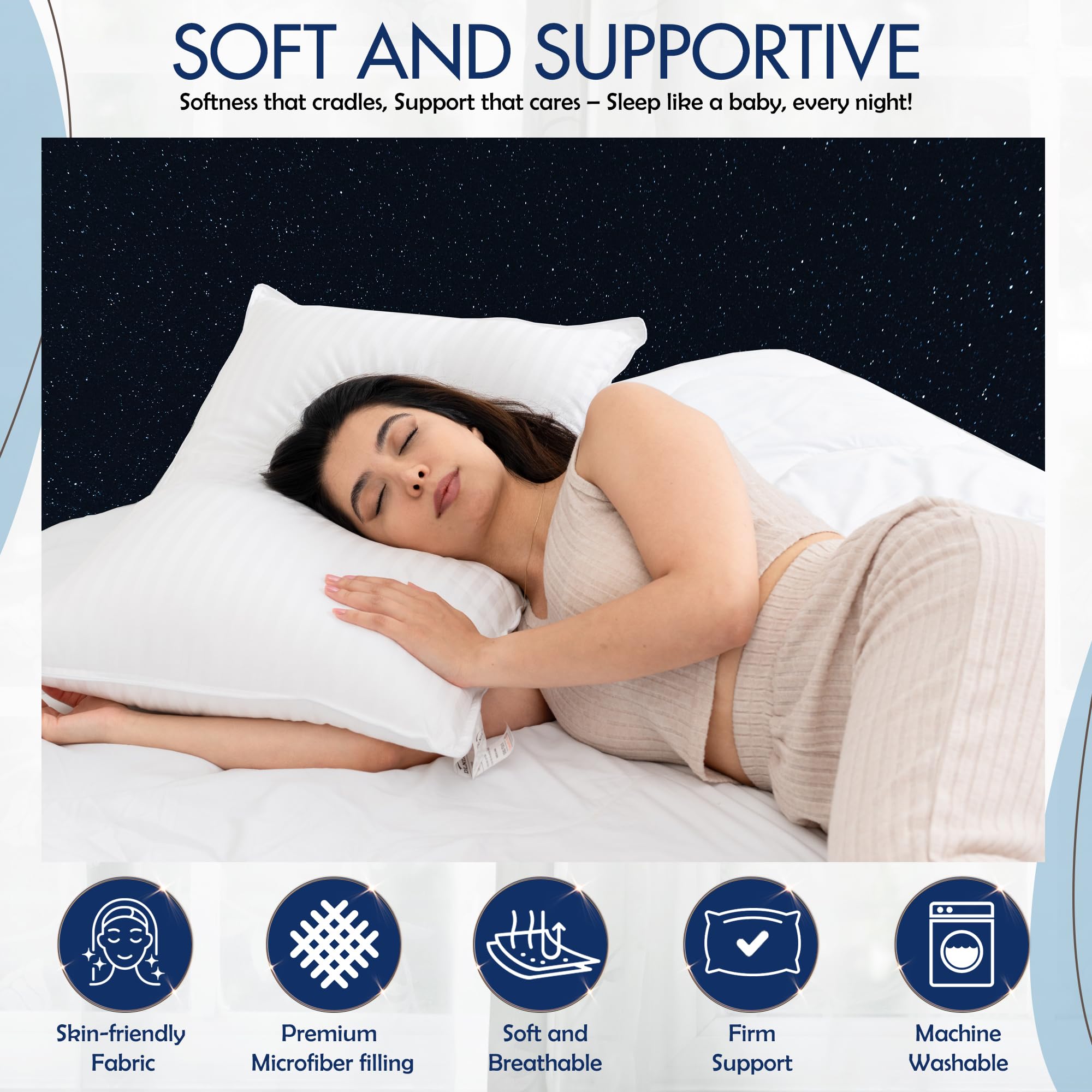 Luxury Queen Size Bed Pillows Set of 2 - Hotel Quality Hypoallergenic Down Alternative Pillows for Side & Stomach Sleepers, Soft Firm Support with Thermal Technology - Perfect for Home, Guest Room & Travel Use
